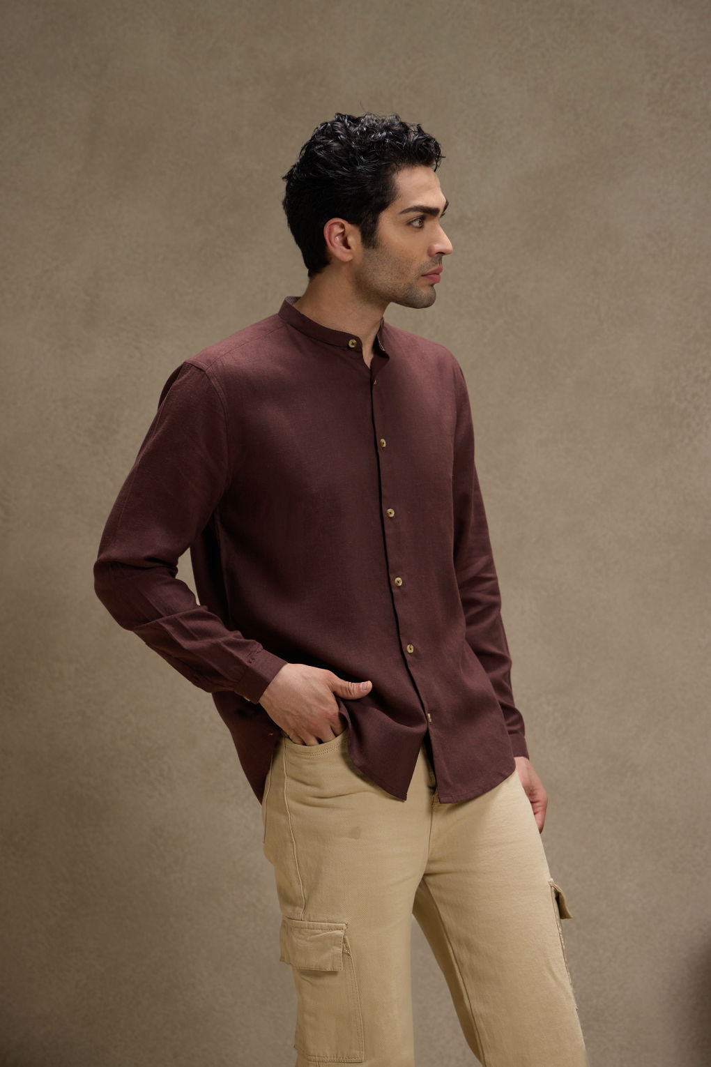 Walnut Brown - Linen Mandarin Collar Shirt for Men