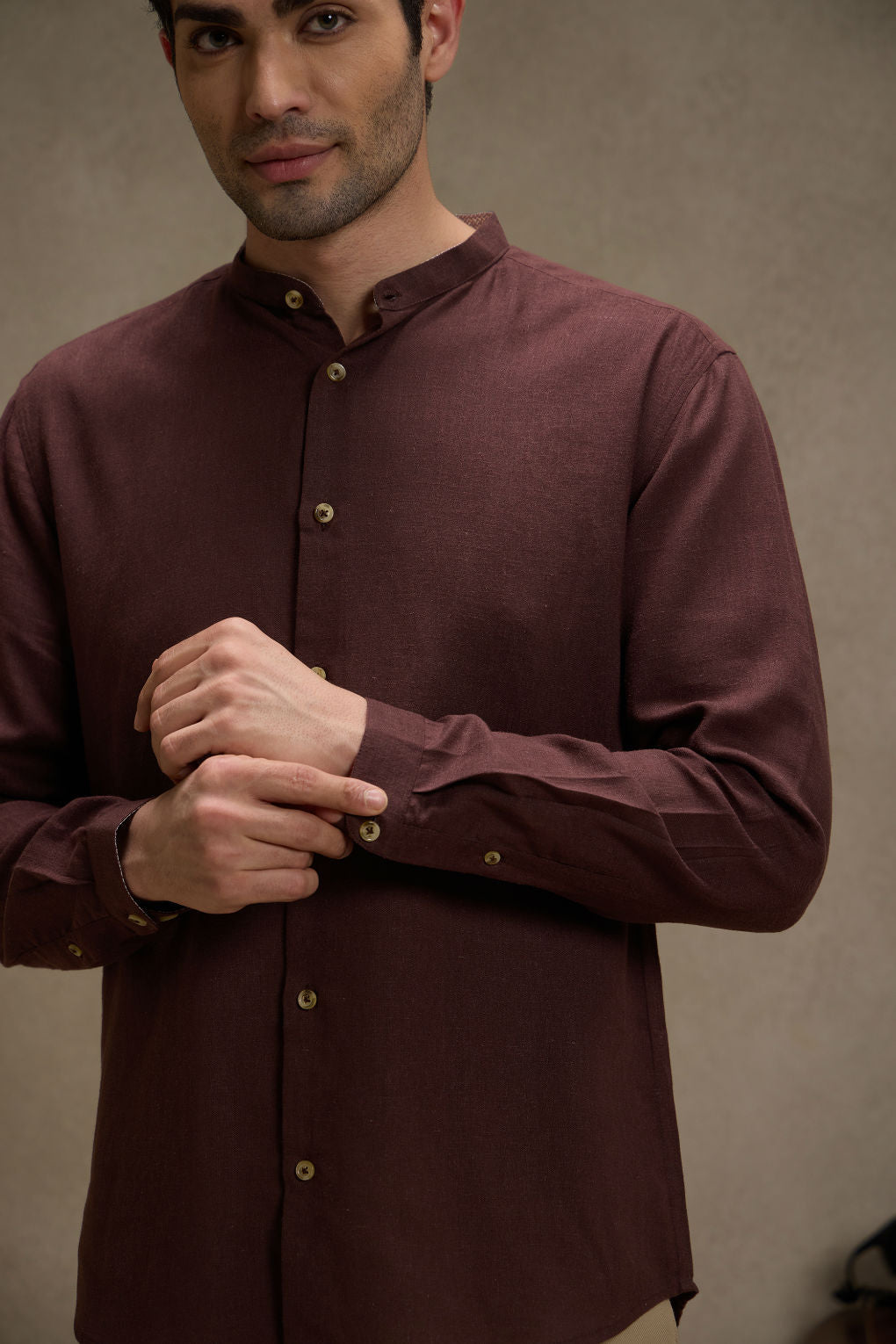 Walnut Brown - Linen Mandarin Collar Shirt for Men