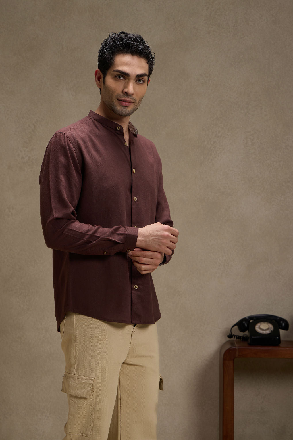 Walnut Brown - Linen Mandarin Collar Shirt for Men