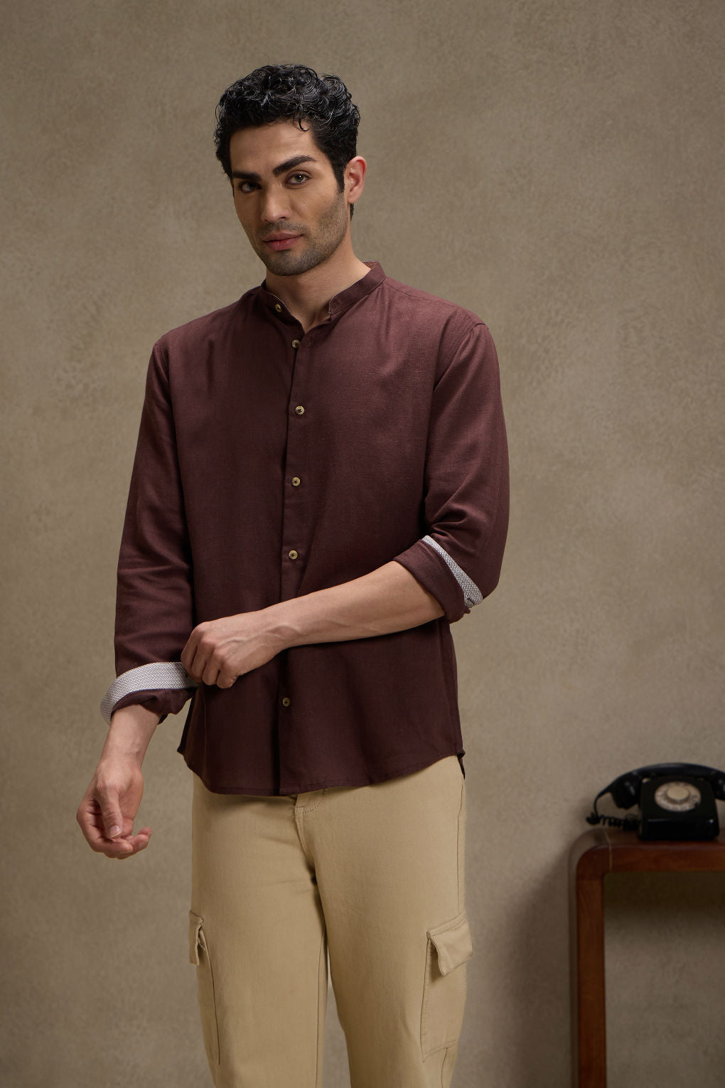 Walnut Brown - Linen Mandarin Collar Shirt for Men