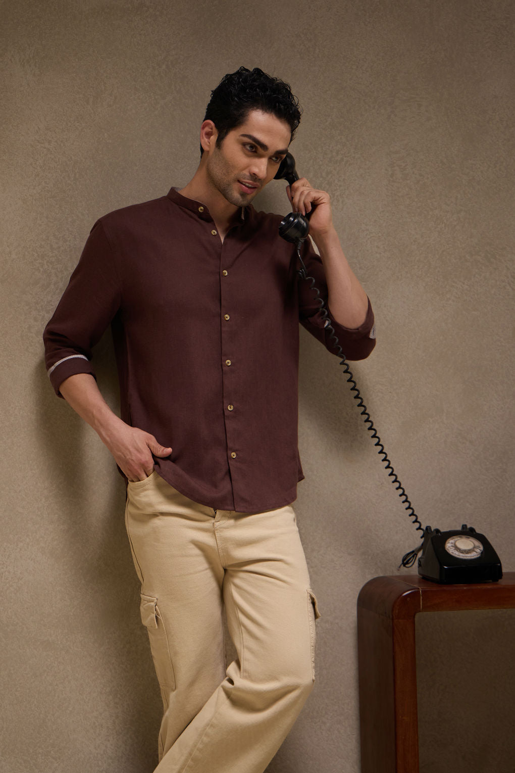 Walnut Brown - Linen Mandarin Collar Shirt for Men