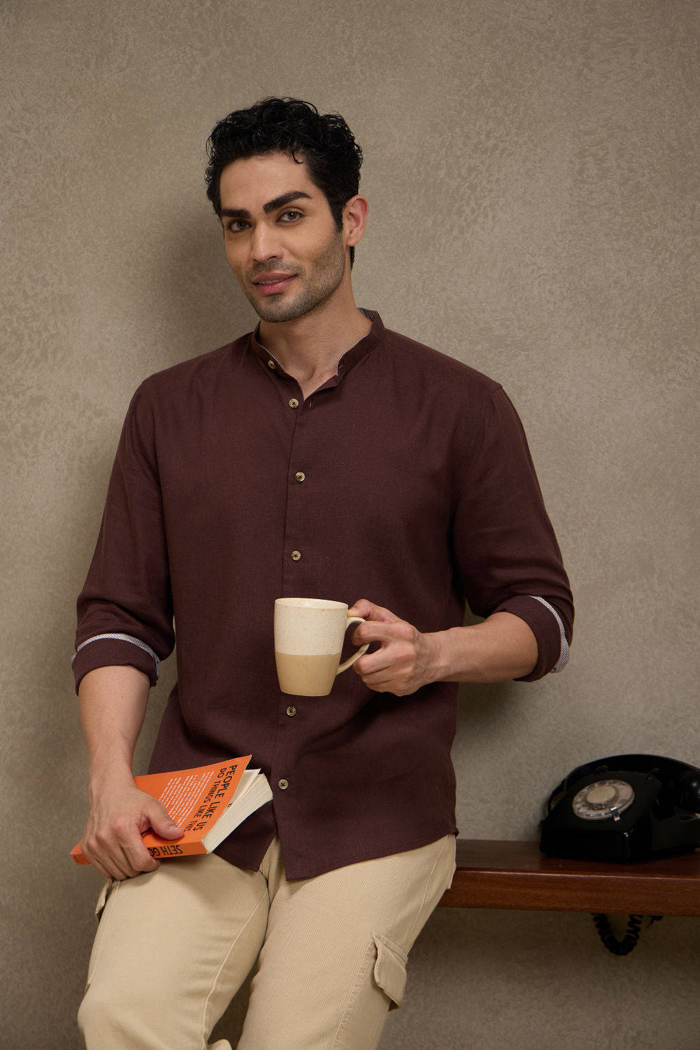 Walnut Brown - Linen Mandarin Collar Shirt for Men