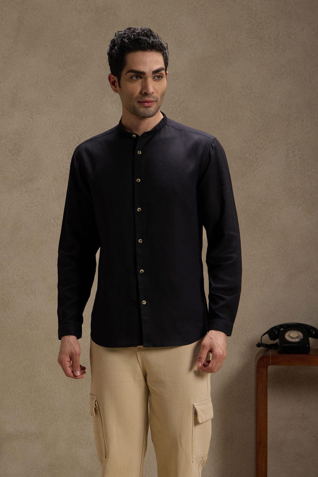 Retro Black - Linen Mandarin Collar Shirt for Men