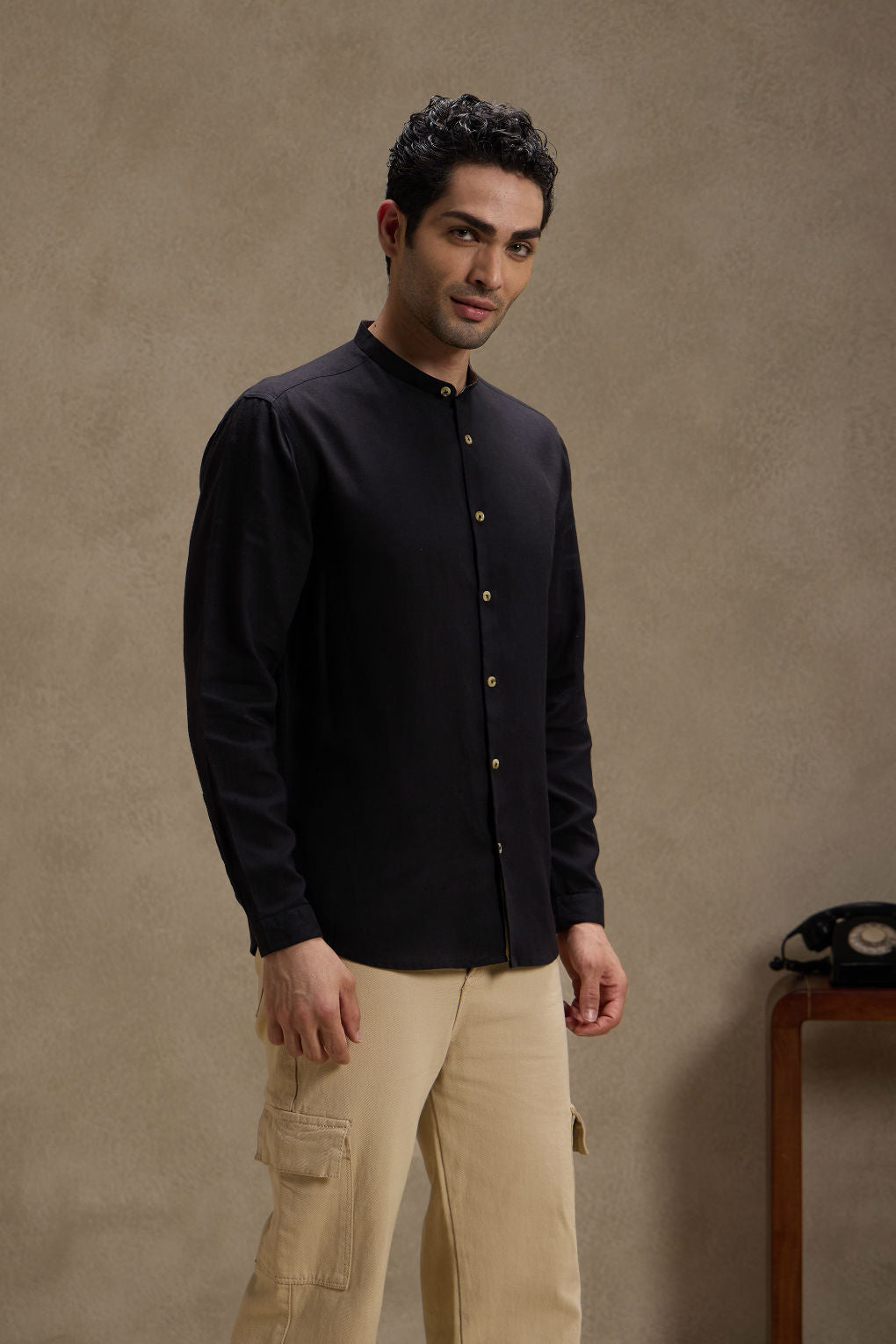 Retro Black - Linen Mandarin Collar Shirt for Men
