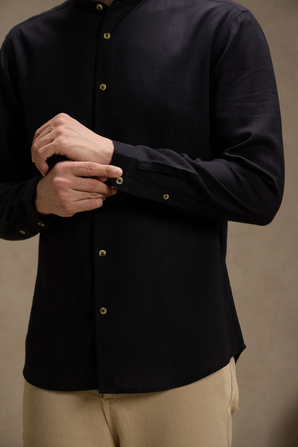 Retro Black - Linen Mandarin Collar Shirt for Men