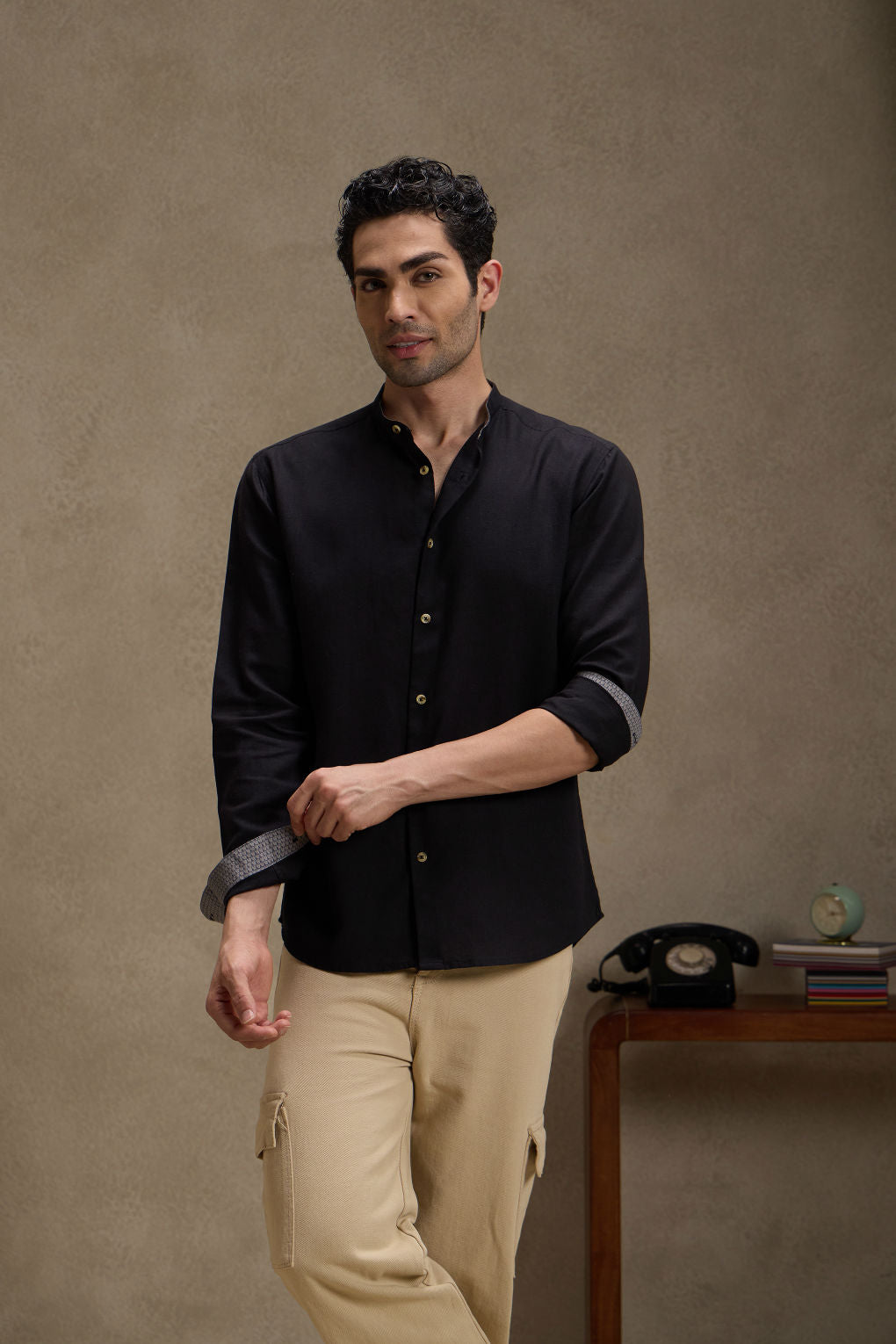 Retro Black - Linen Mandarin Collar Shirt for Men