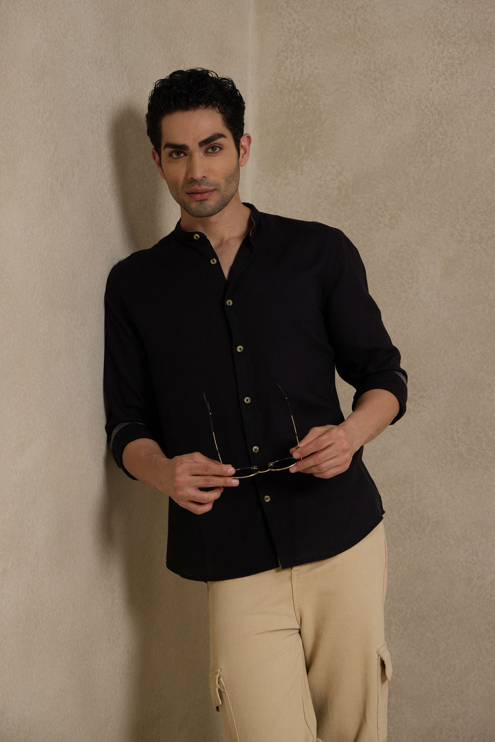 Retro Black - Linen Mandarin Collar Shirt for Men