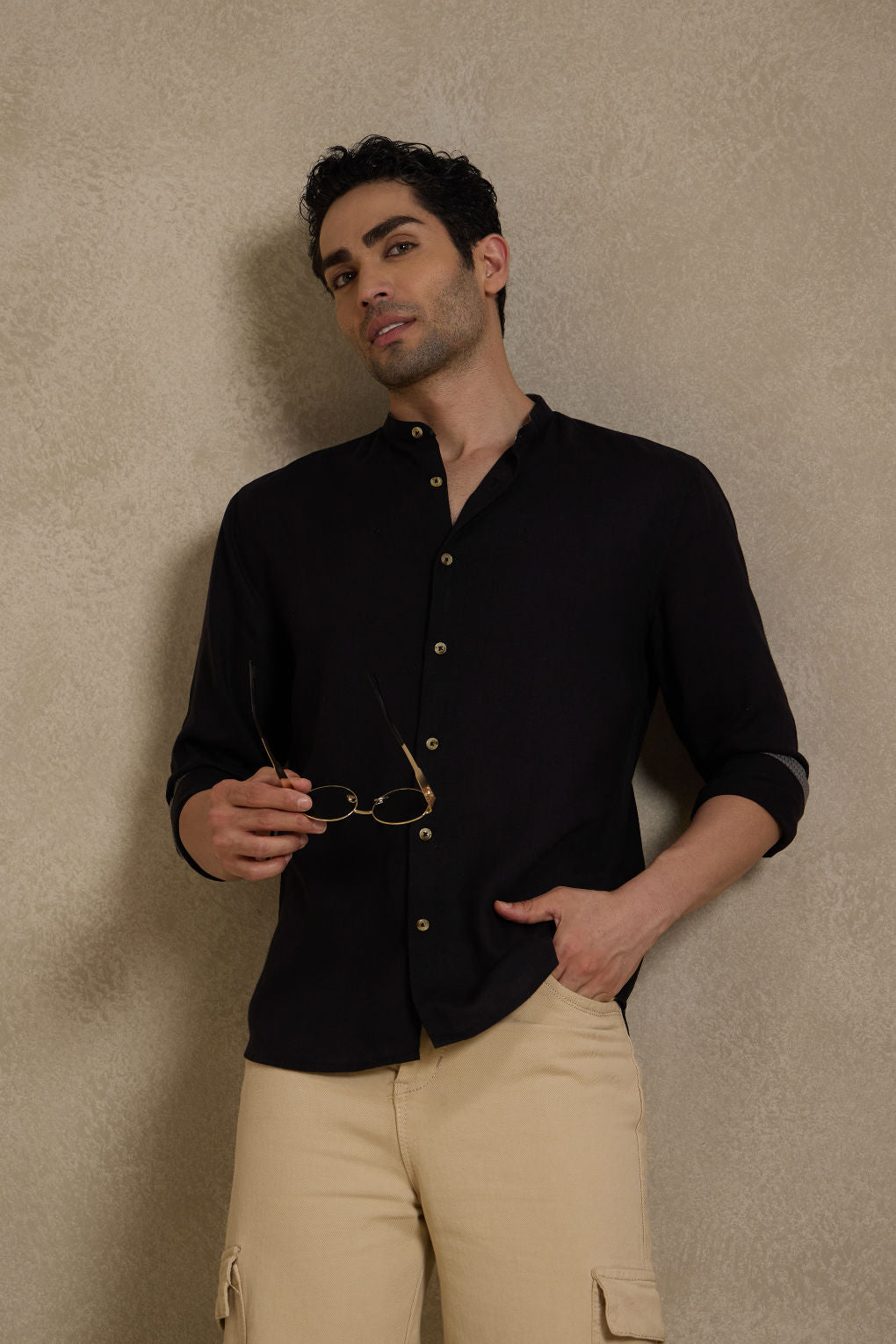 Retro Black - Linen Mandarin Collar Shirt for Men