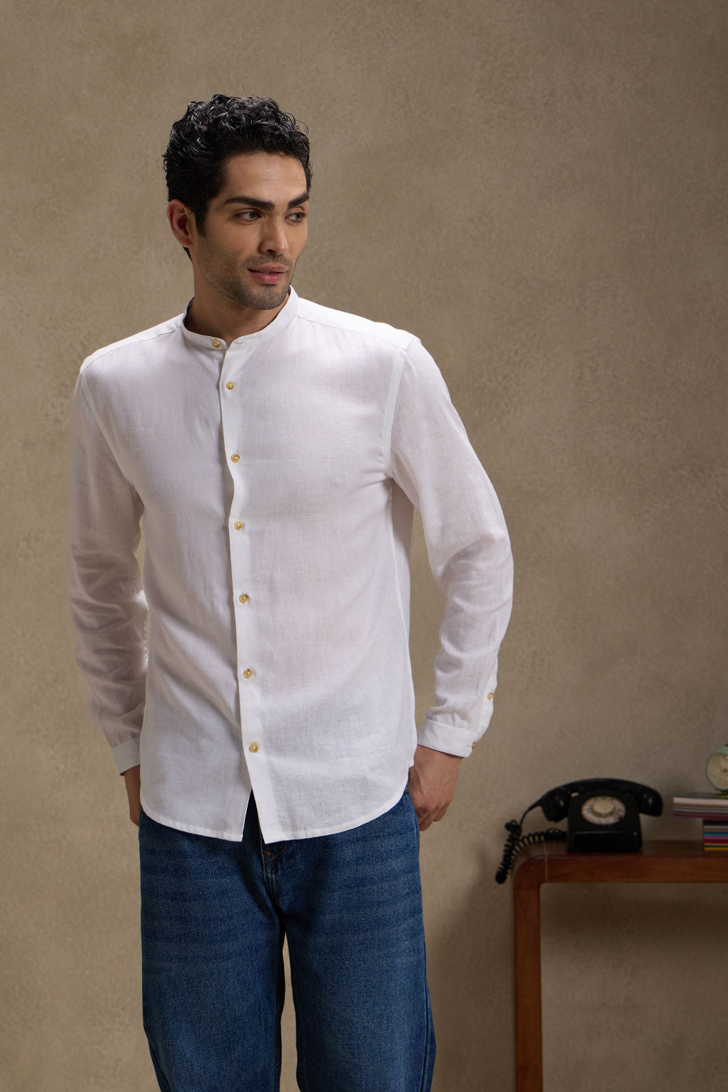 Vanilla White - Linen Mandarin Collar Shirt for Men