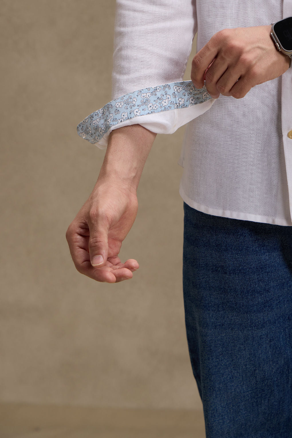 Vanilla White - Linen Mandarin Collar Shirt for Men