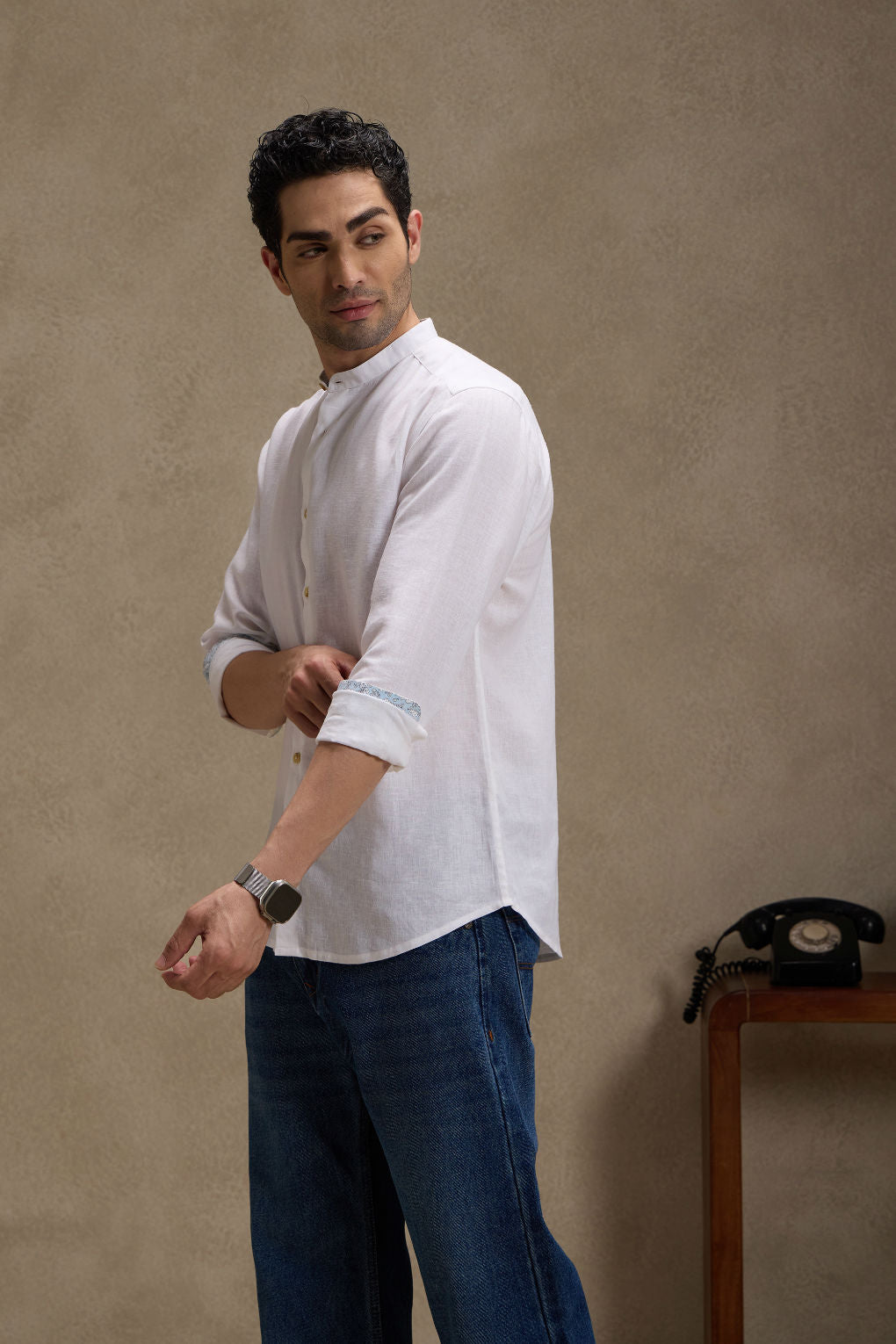 Vanilla White - Linen Mandarin Collar Shirt for Men
