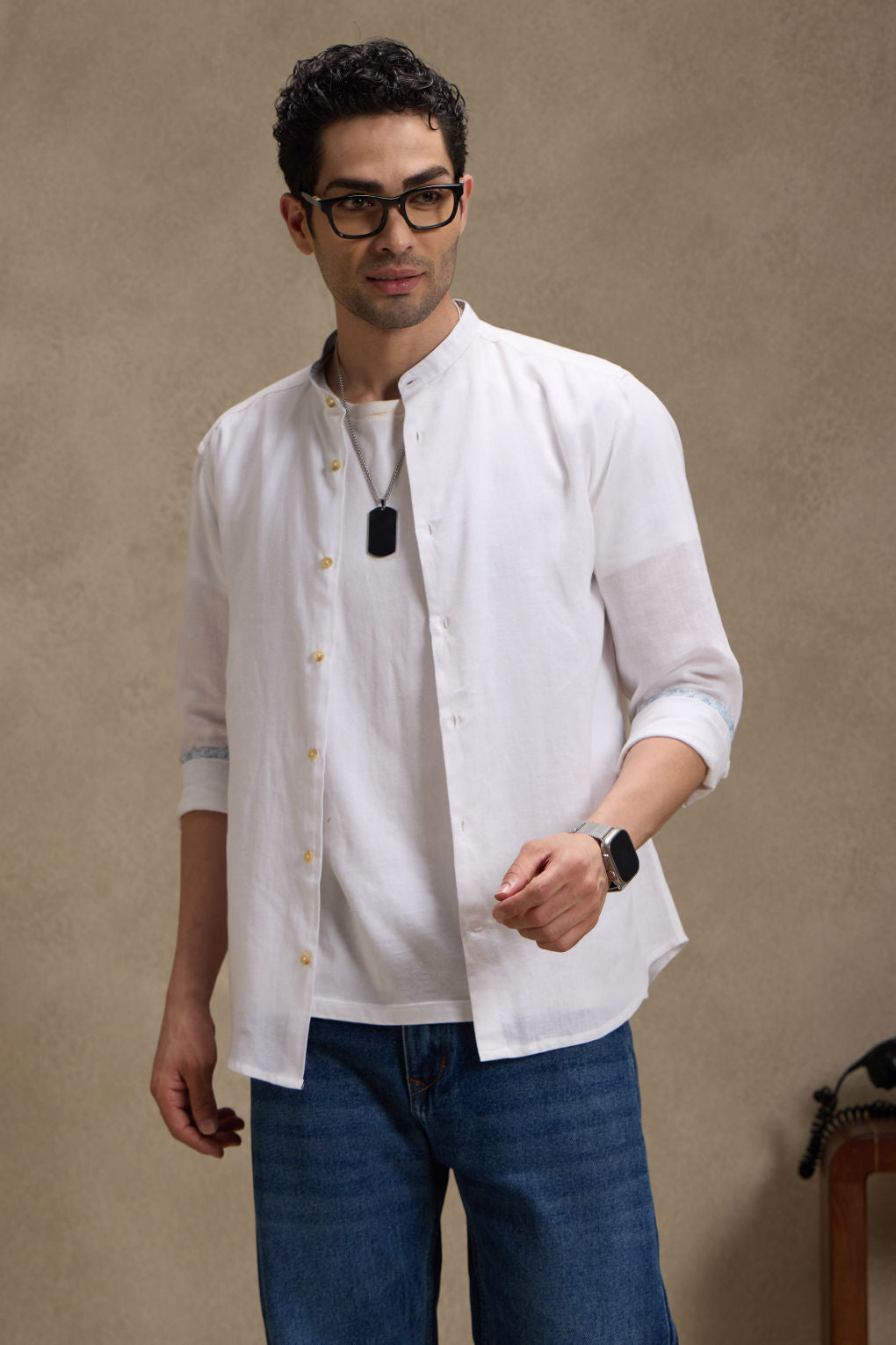 Vanilla White - Linen Mandarin Collar Shirt for Men