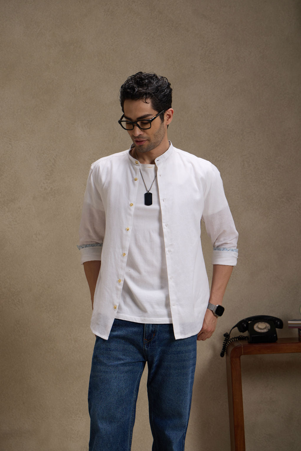 Vanilla White - Linen Mandarin Collar Shirt for Men