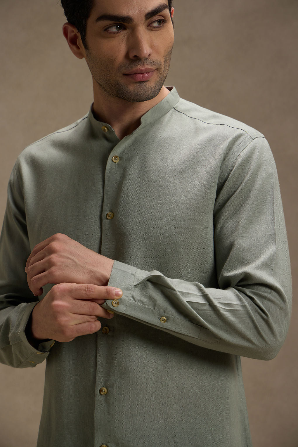 Earthy Sage - Linen Mandarin Collar Shirt for Men