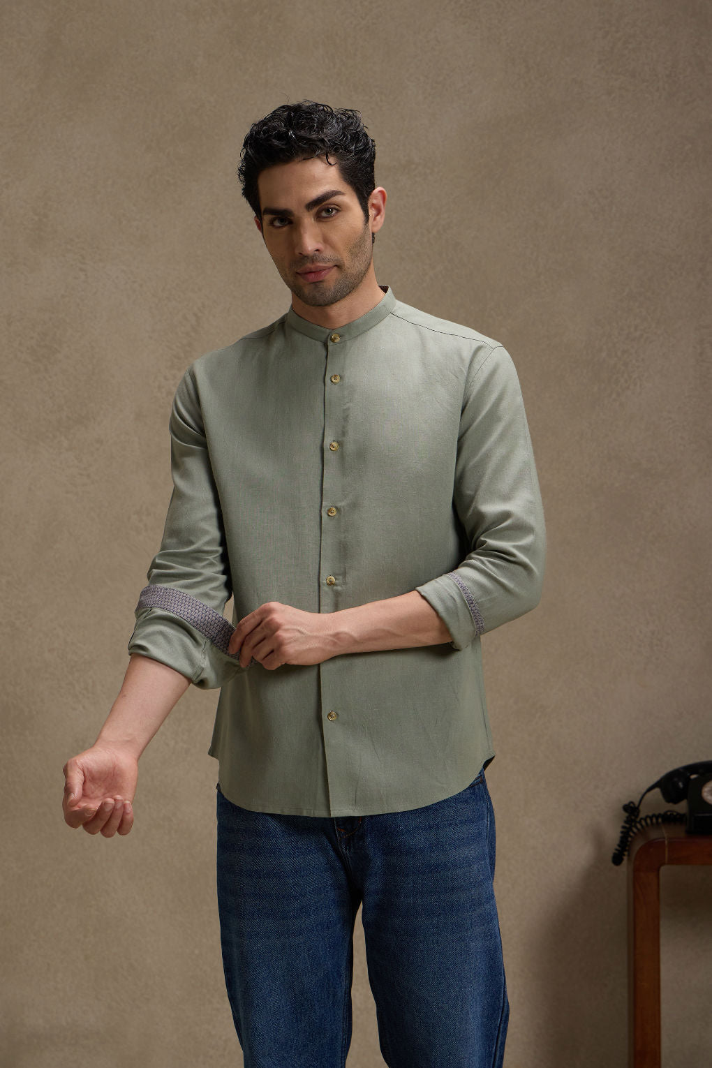 Earthy Sage - Linen Mandarin Collar Shirt for Men
