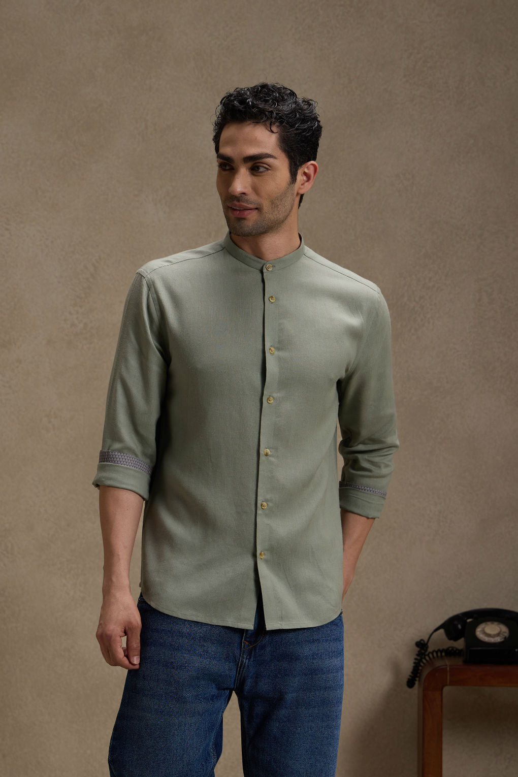Earthy Sage - Linen Mandarin Collar Shirt for Men