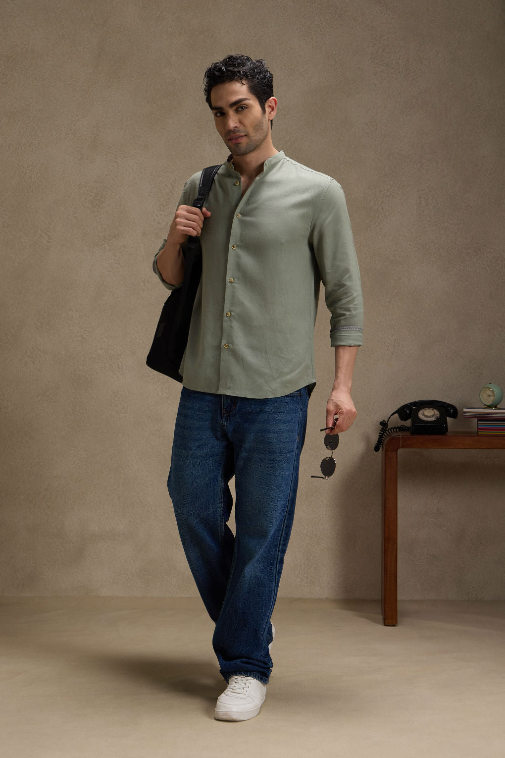Earthy Sage - Linen Mandarin Collar Shirt for Men
