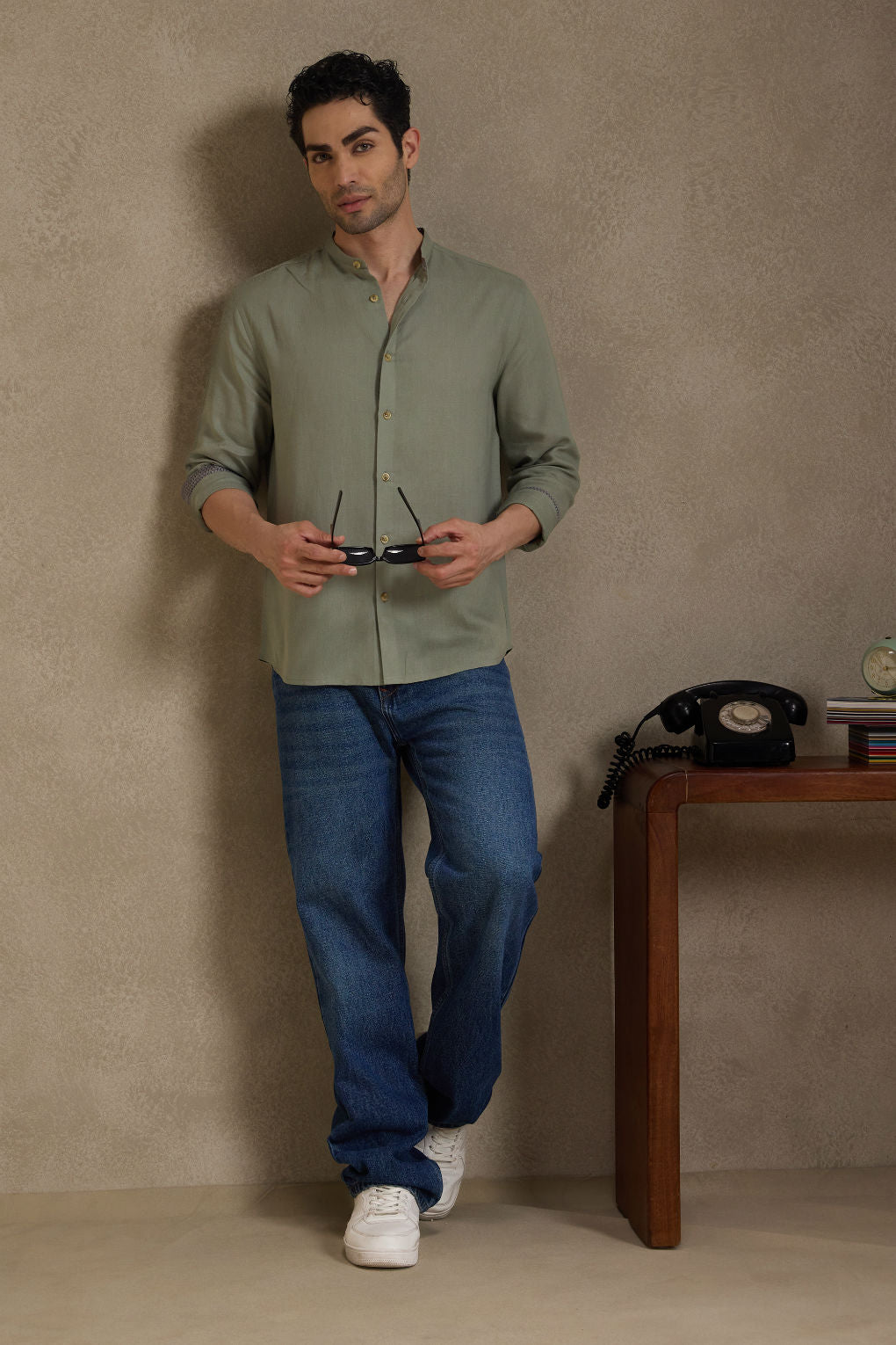 Earthy Sage - Linen Mandarin Collar Shirt for Men