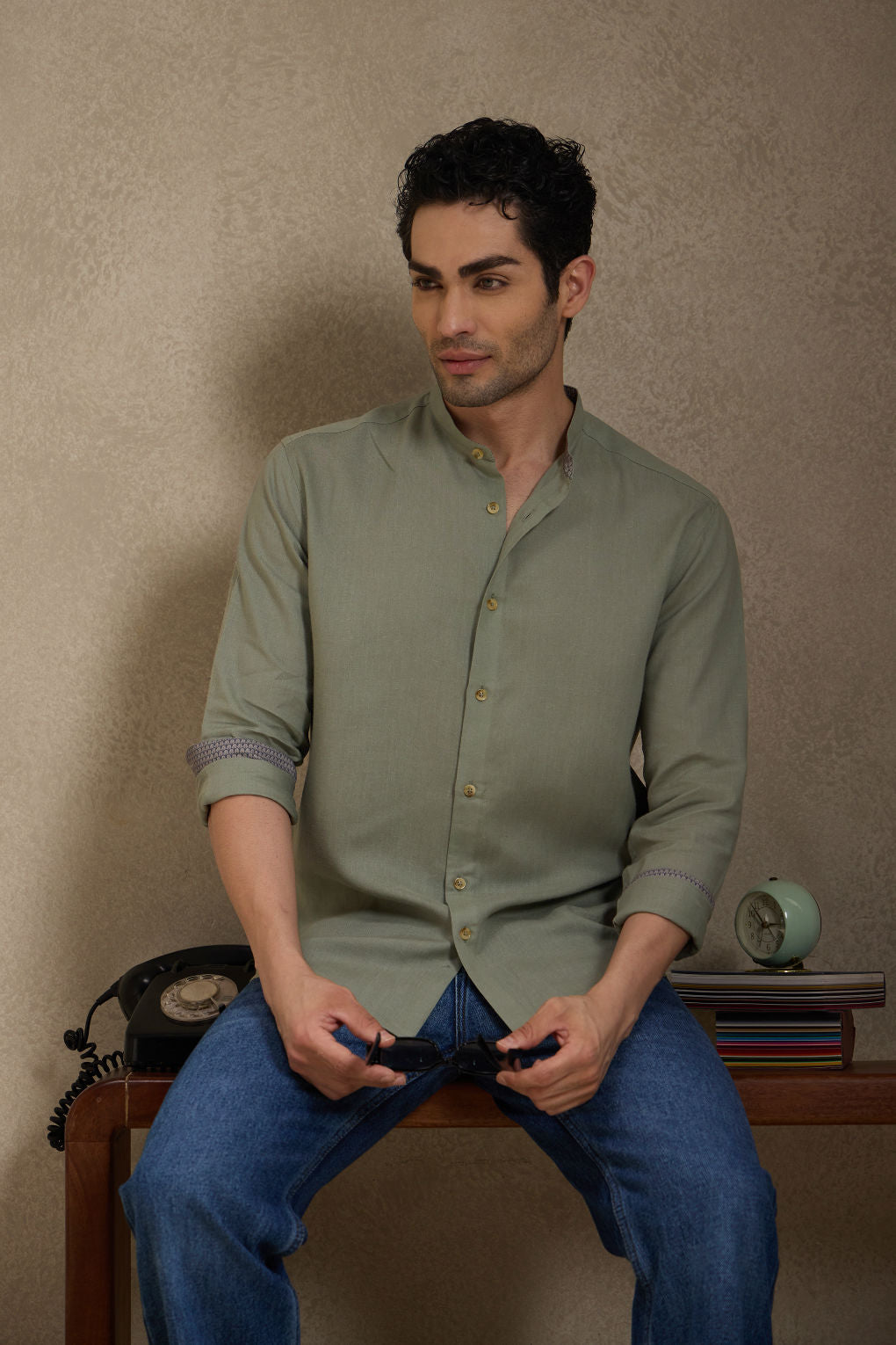 Earthy Sage - Linen Mandarin Collar Shirt for Men