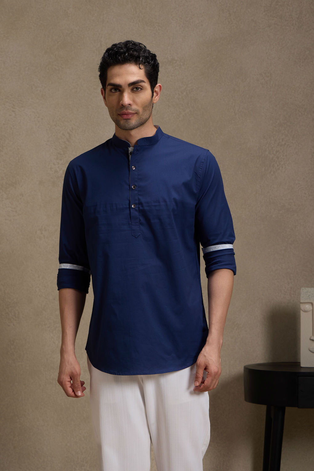 Midnight Blue Mandarin Collar Short Kurta