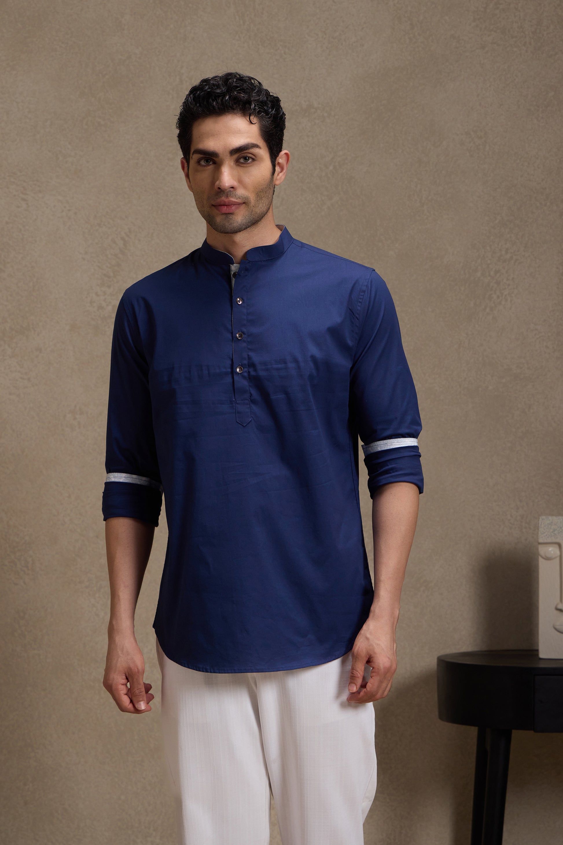 Midnight Blue Mandarin Collar Short Kurta
