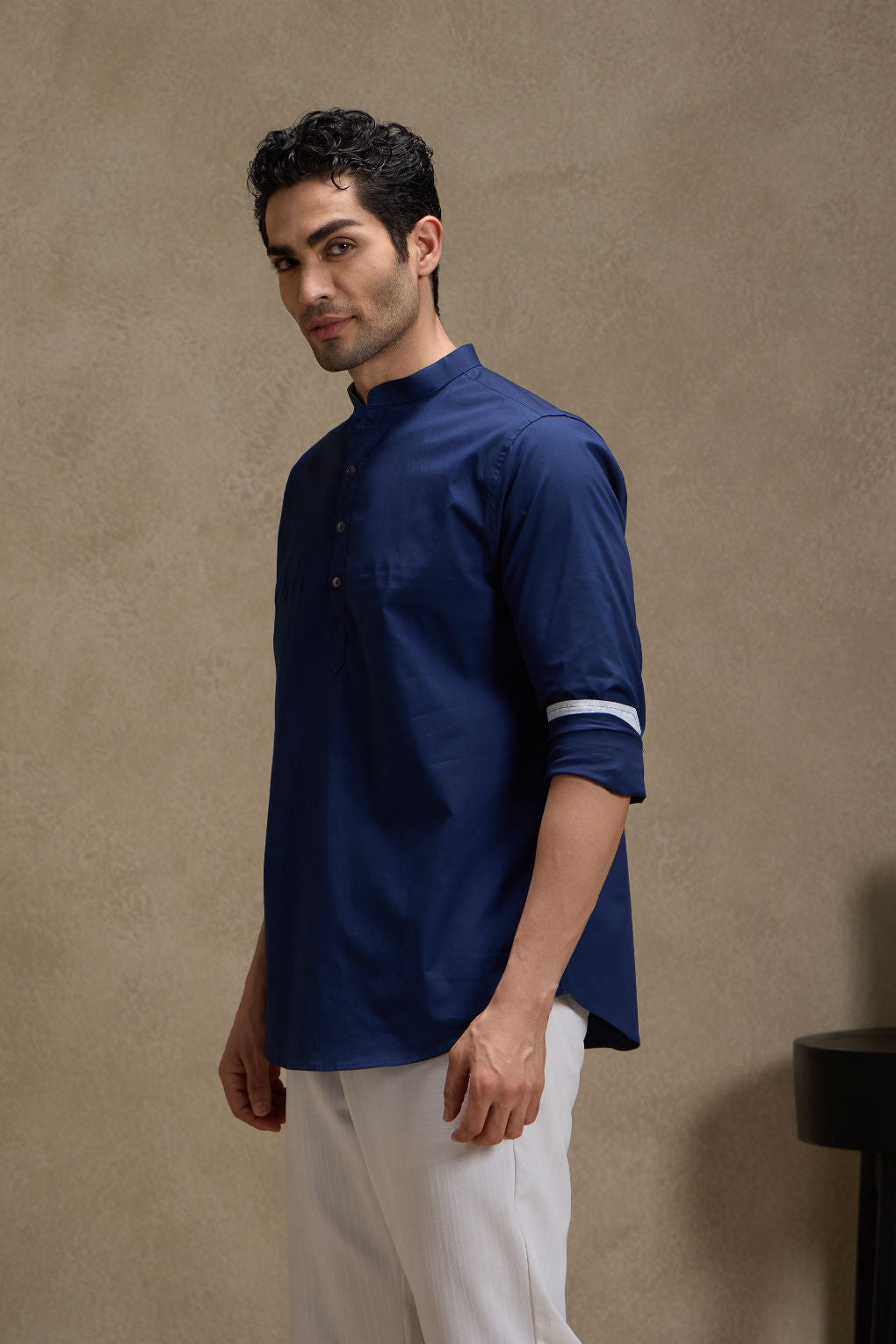 Midnight Blue Mandarin Collar Short Kurta