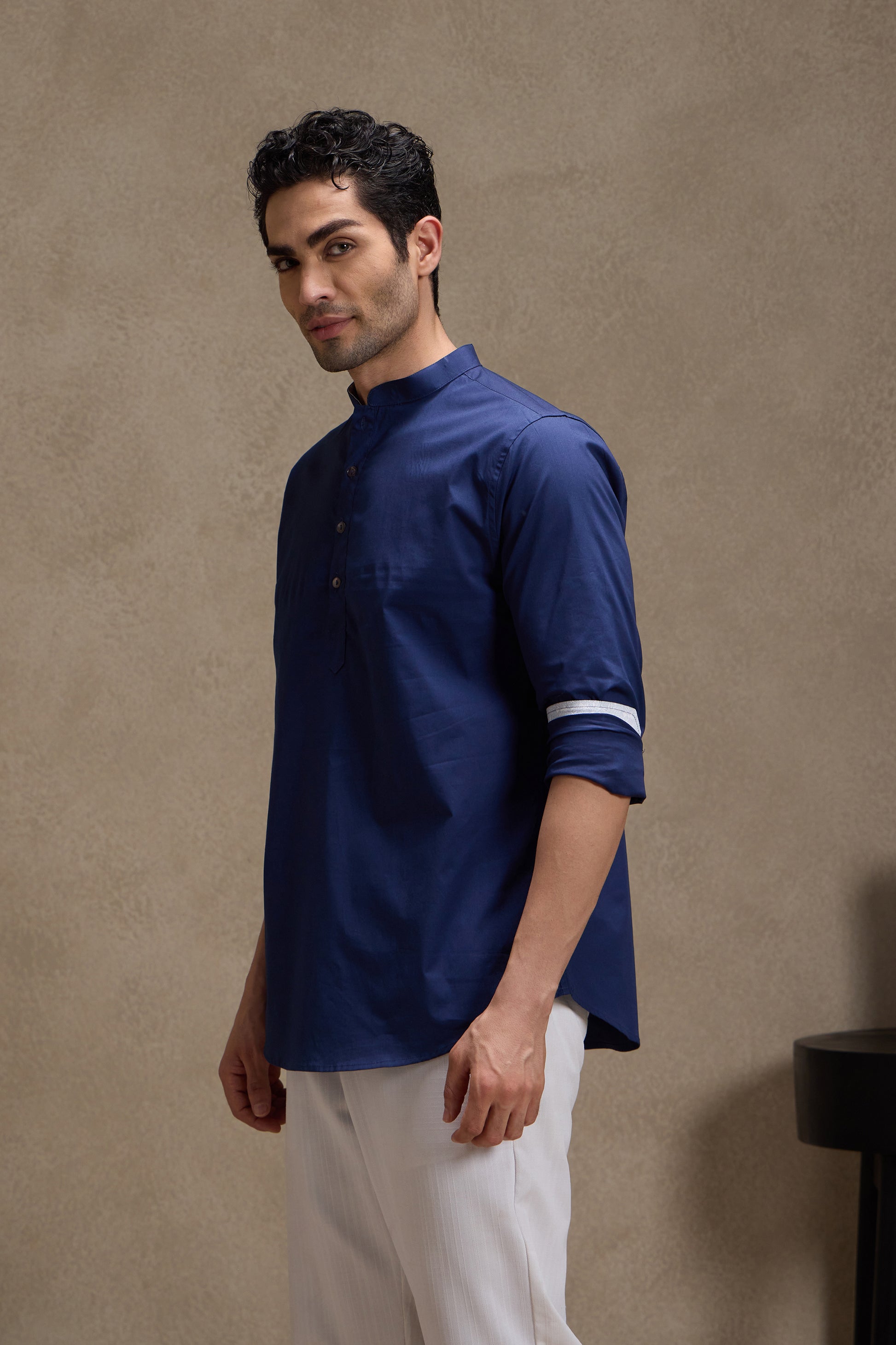 Midnight Blue Mandarin Collar Short Kurta