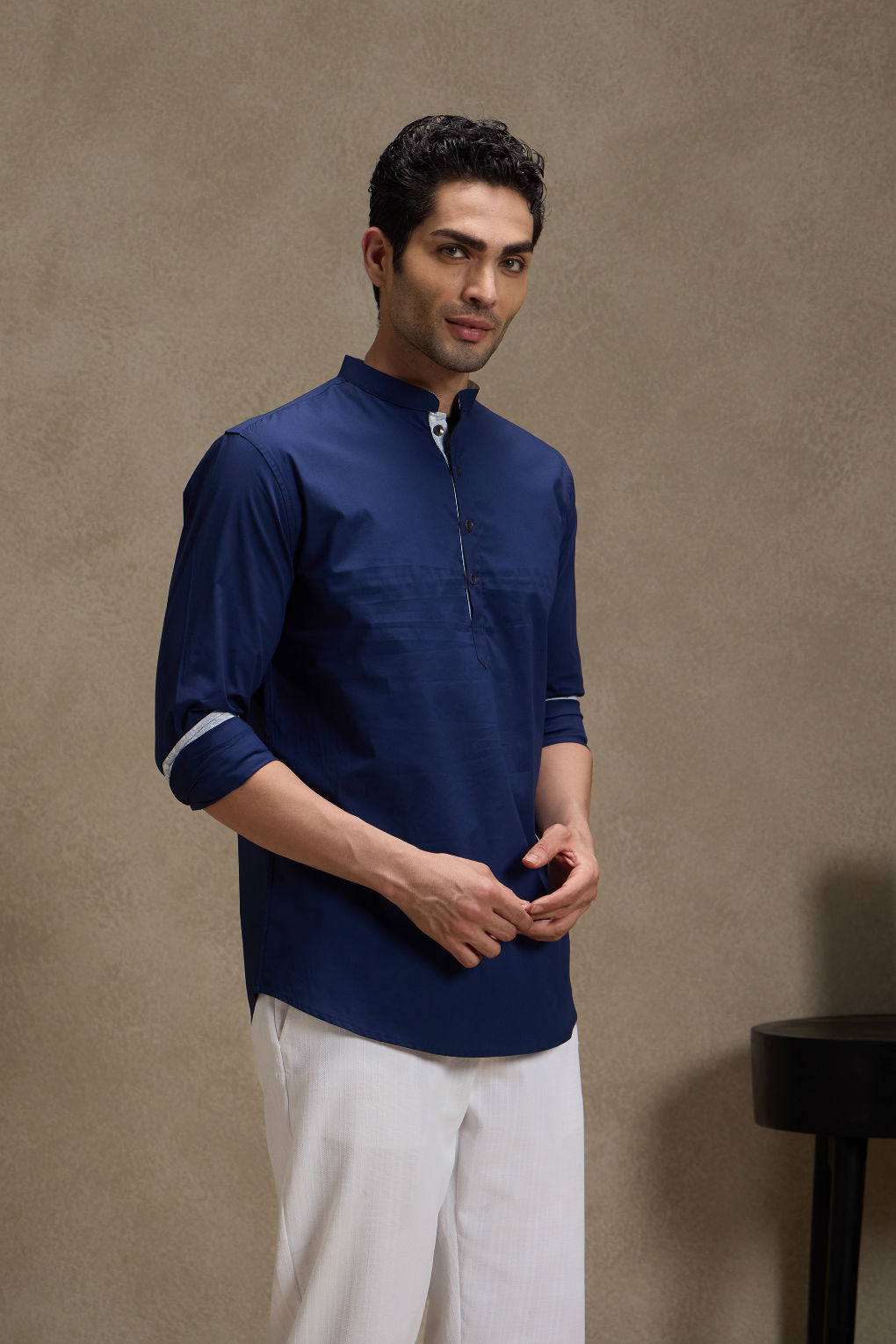 Midnight Blue Mandarin Collar Short Kurta