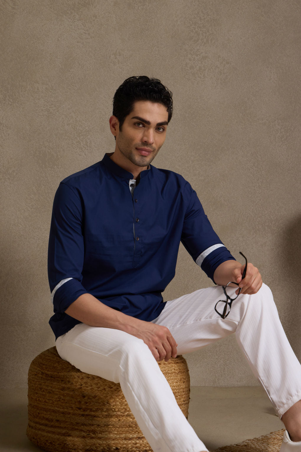 Midnight Blue Mandarin Collar Short Kurta