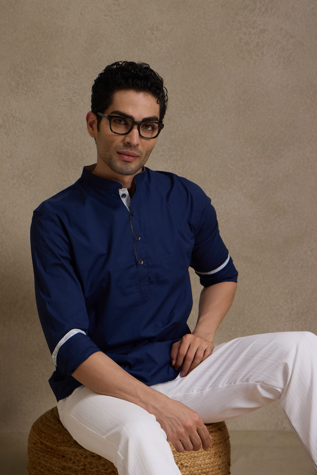 Midnight Blue Mandarin Collar Short Kurta