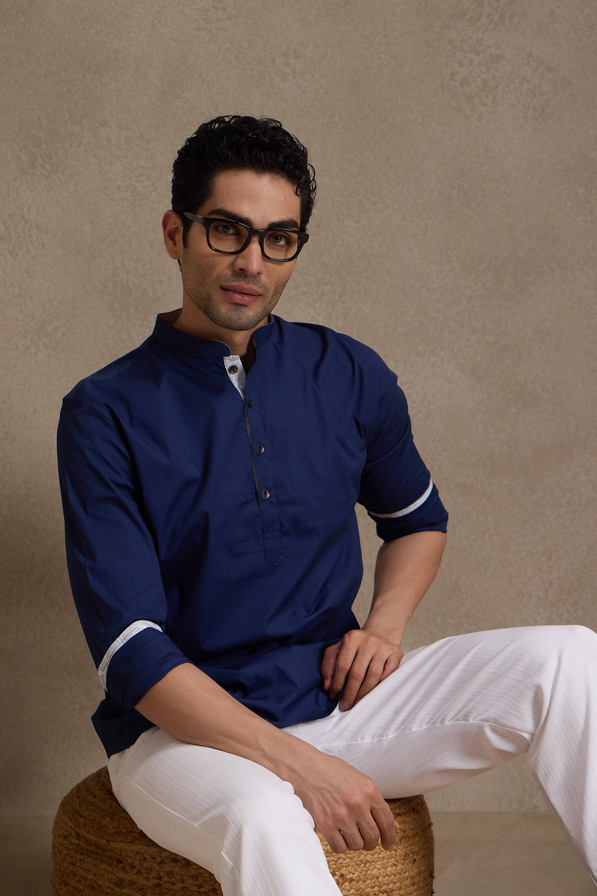 Midnight Blue Mandarin Collar Short Kurta