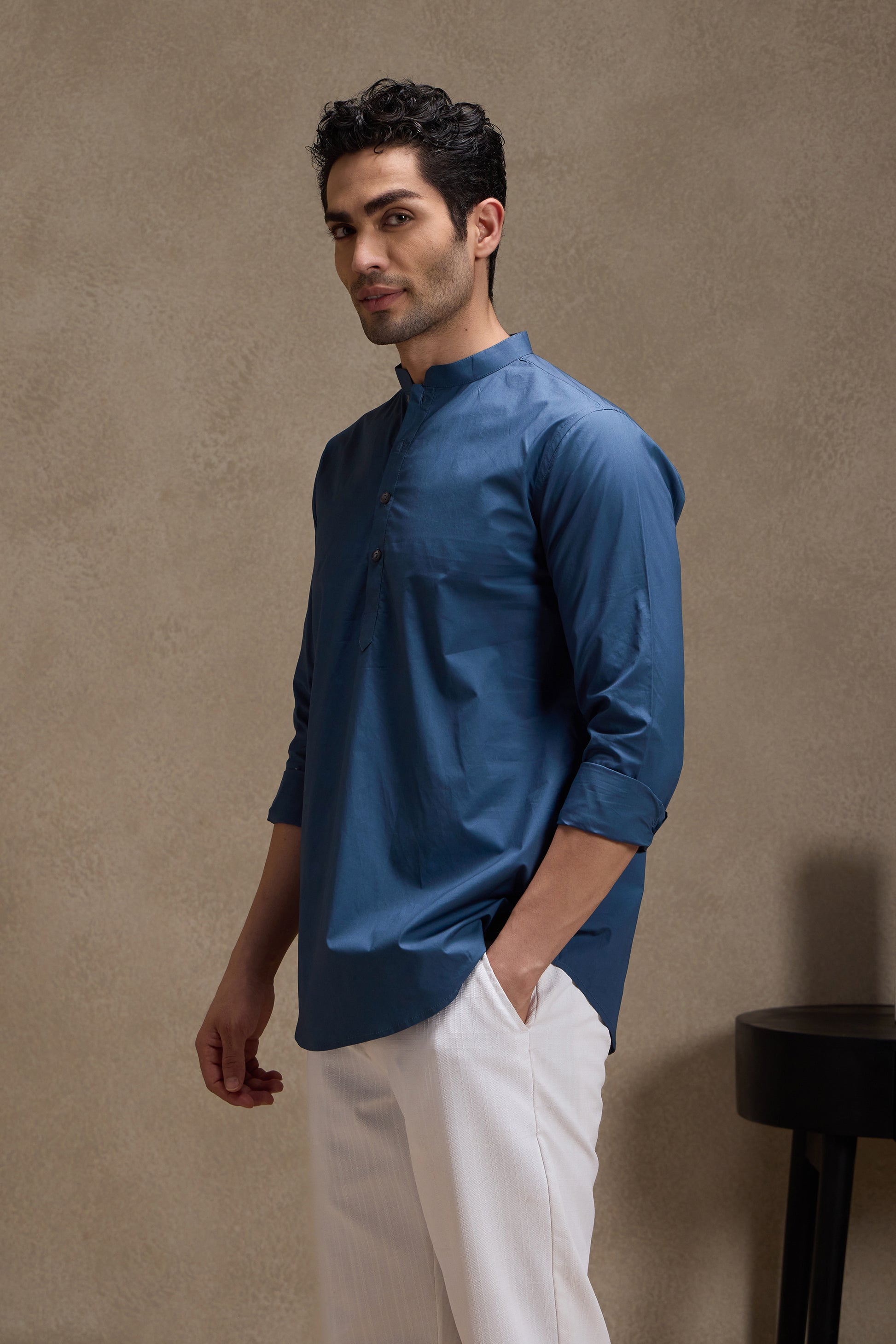 Admiral Blue Premium Cotton Mandarin Collar Short Kurta