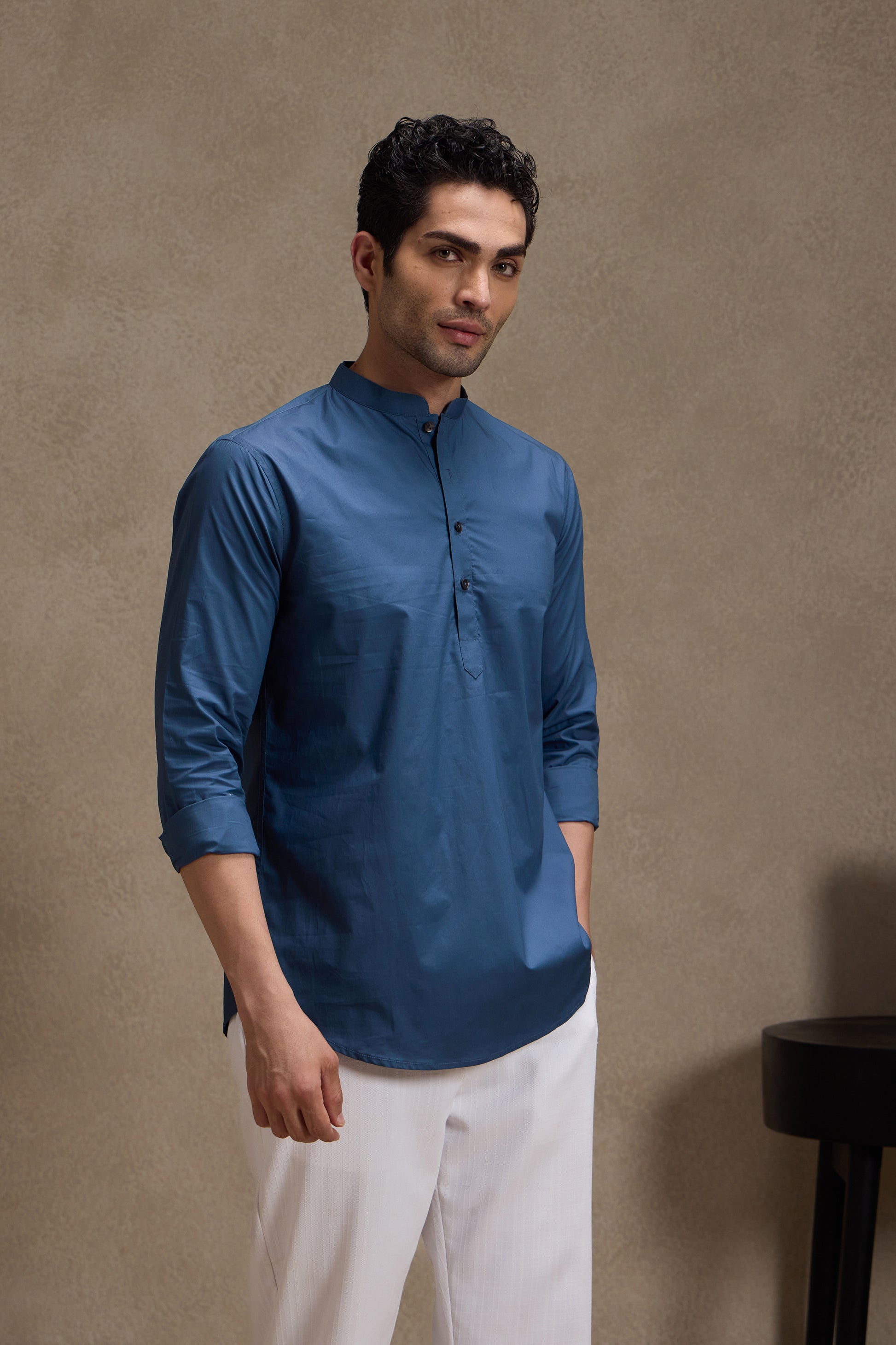 Admiral Blue Premium Cotton Mandarin Collar Short Kurta