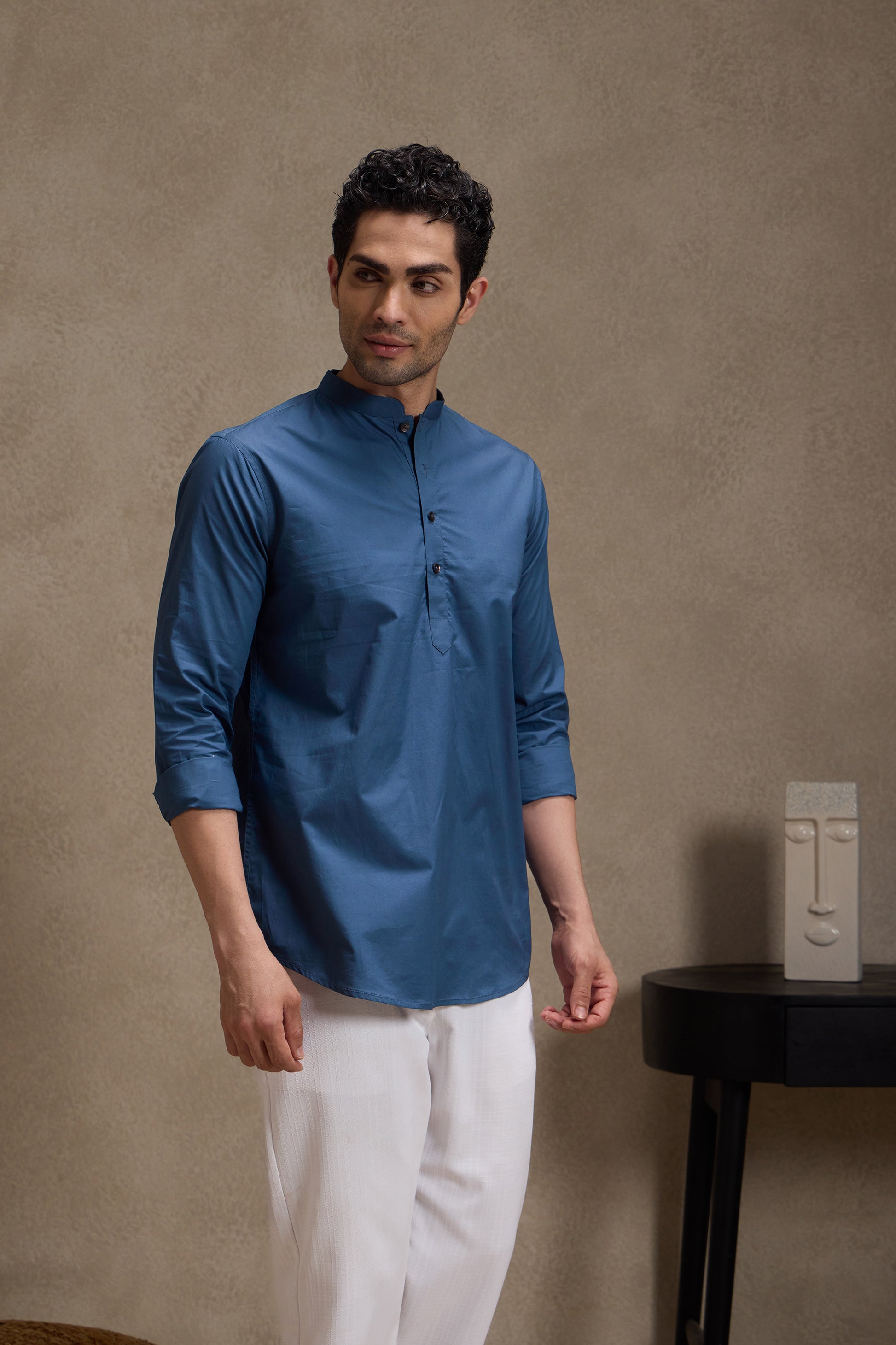 Admiral Blue Premium Cotton Mandarin Collar Short Kurta