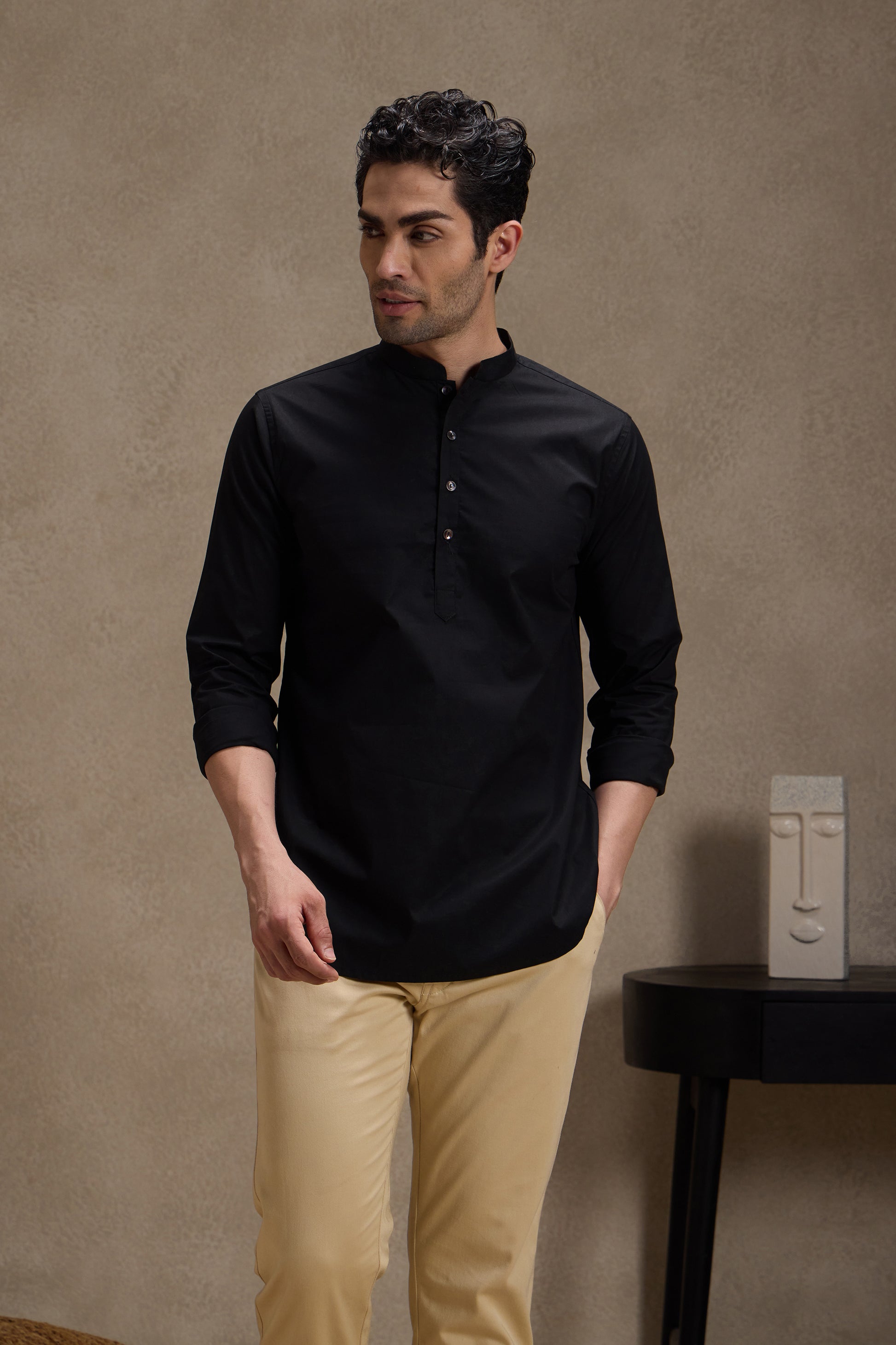Ebony Black Short Kurta with Mandarin Collar