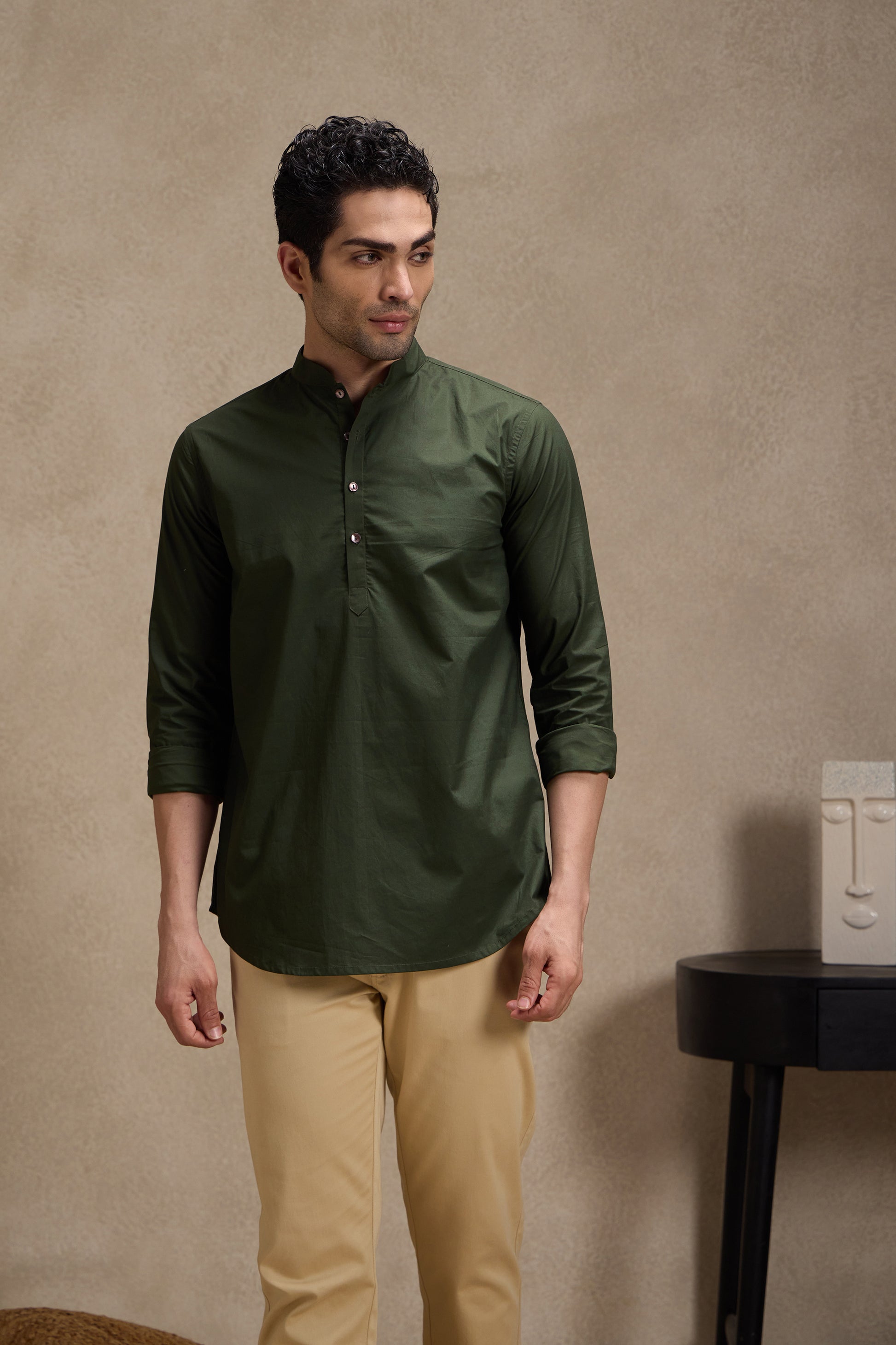 Army Green Mandarin Collar Short Kurta