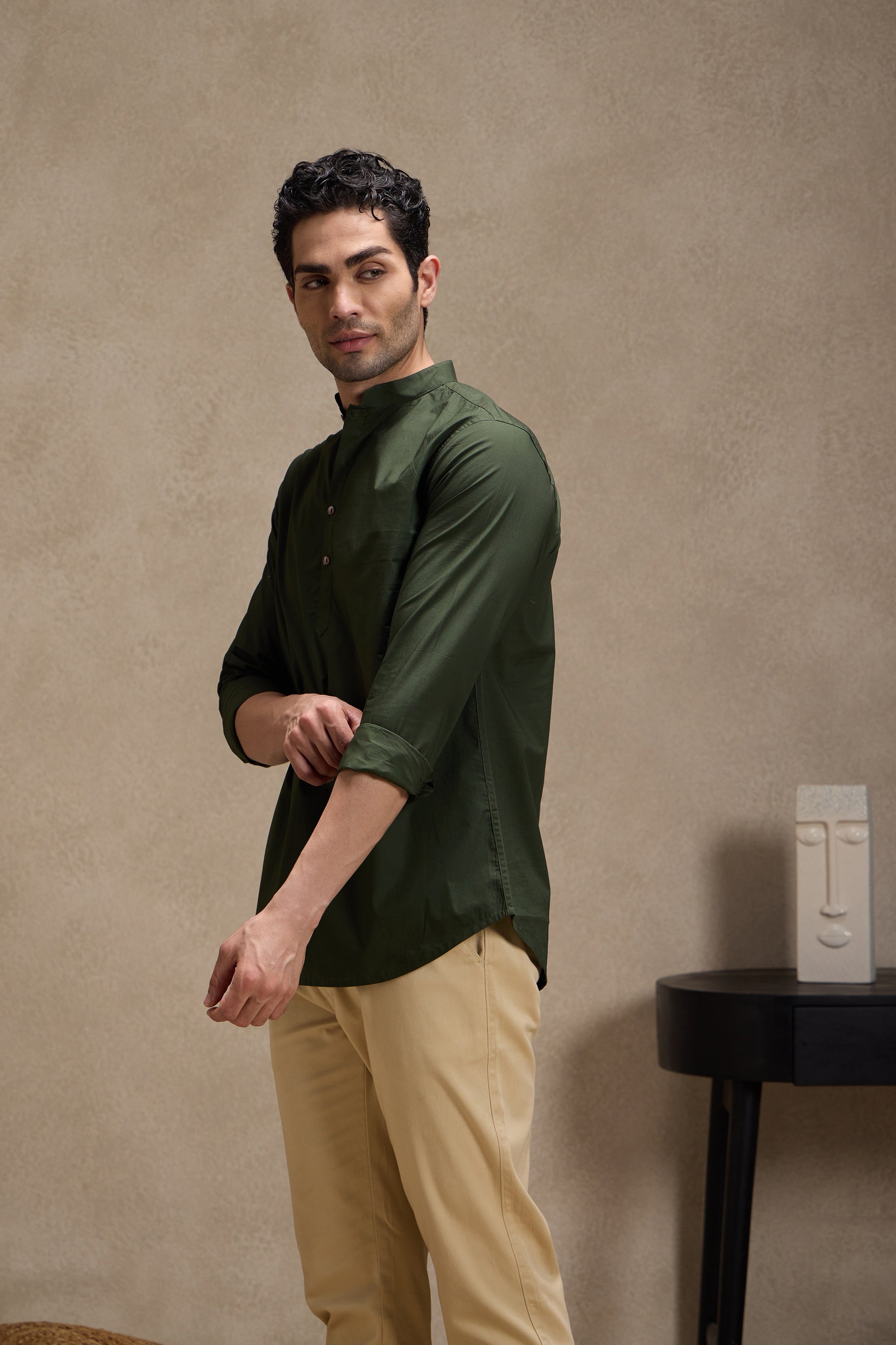 Army Green Mandarin Collar Short Kurta