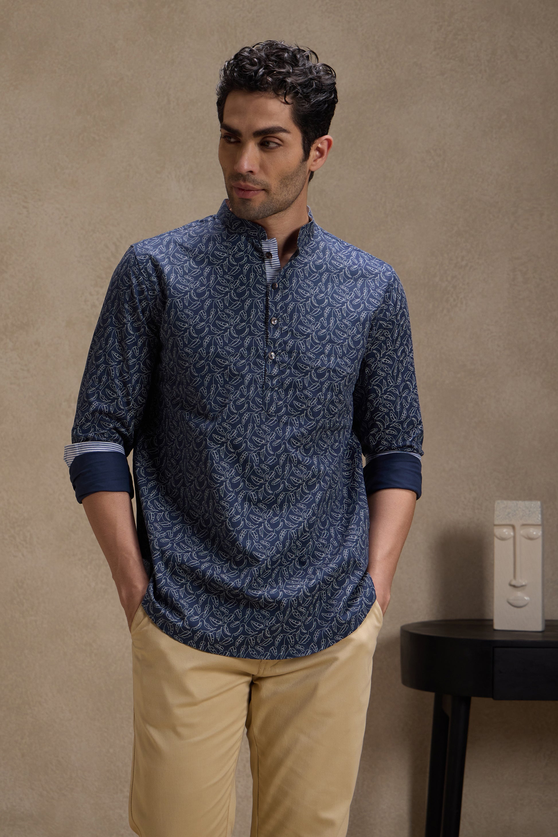 Indigo Printed Mandarin Collar Short Kurta