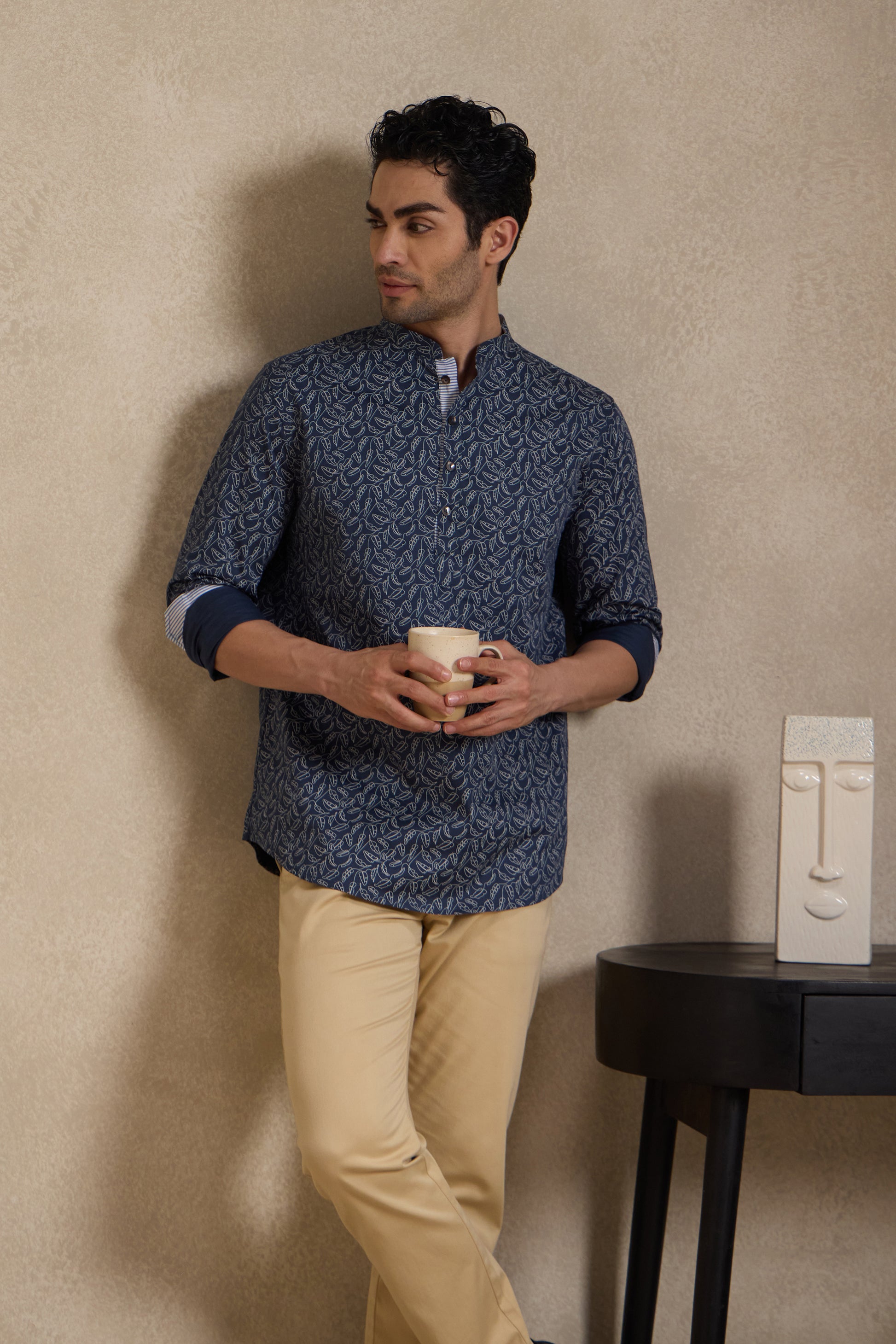 Indigo Printed Mandarin Collar Short Kurta