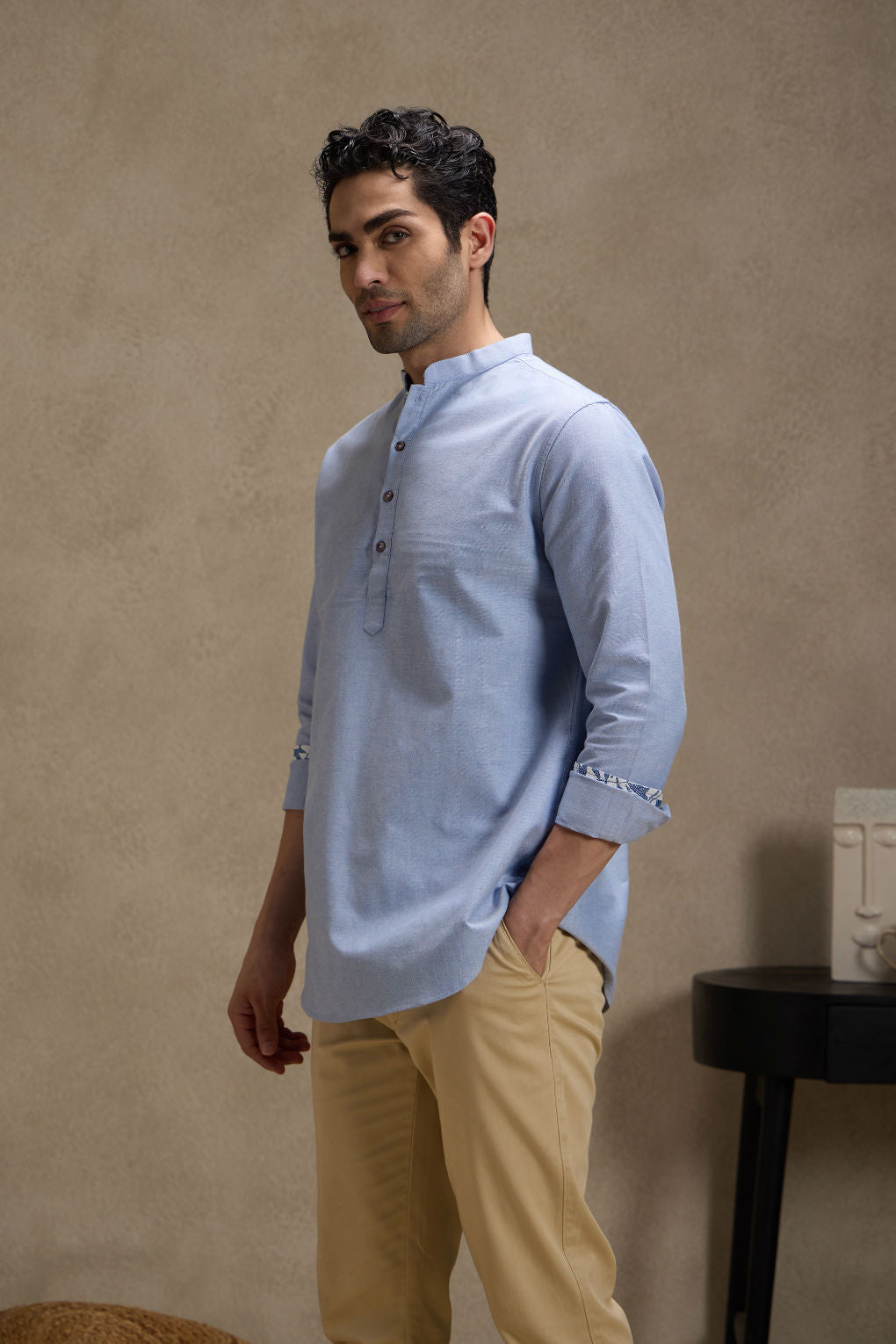 Oxford Blue Mandarin Collar Short Kurta