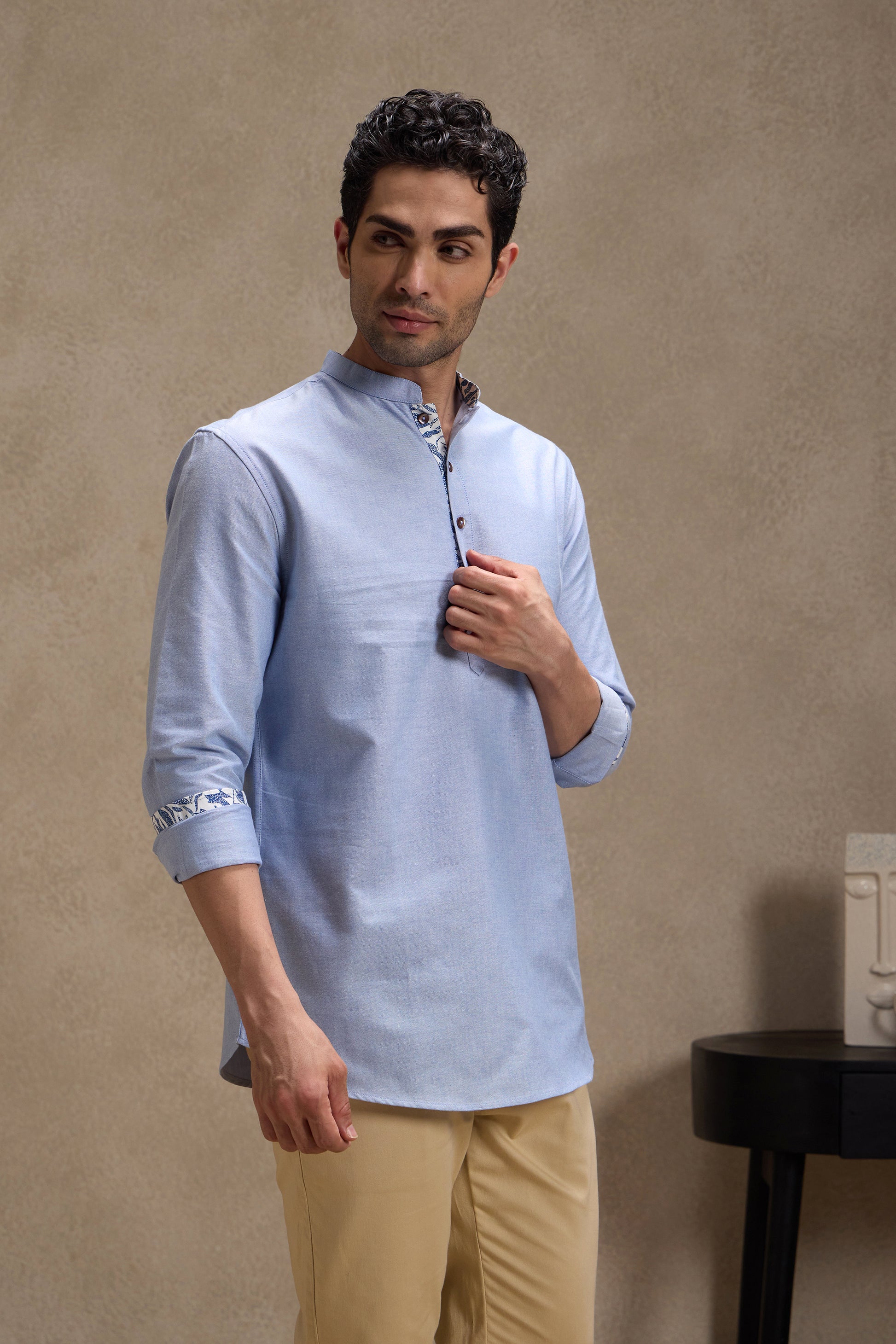 Oxford Blue Mandarin Collar Short Kurta