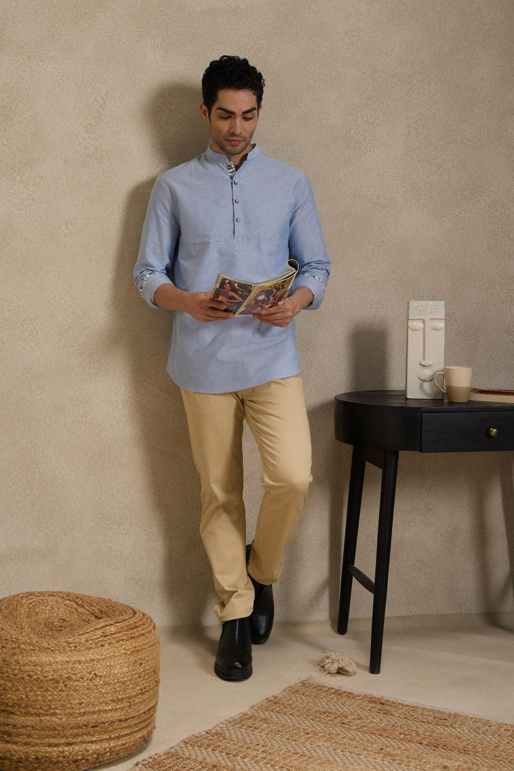 Oxford Blue Mandarin Collar Short Kurta