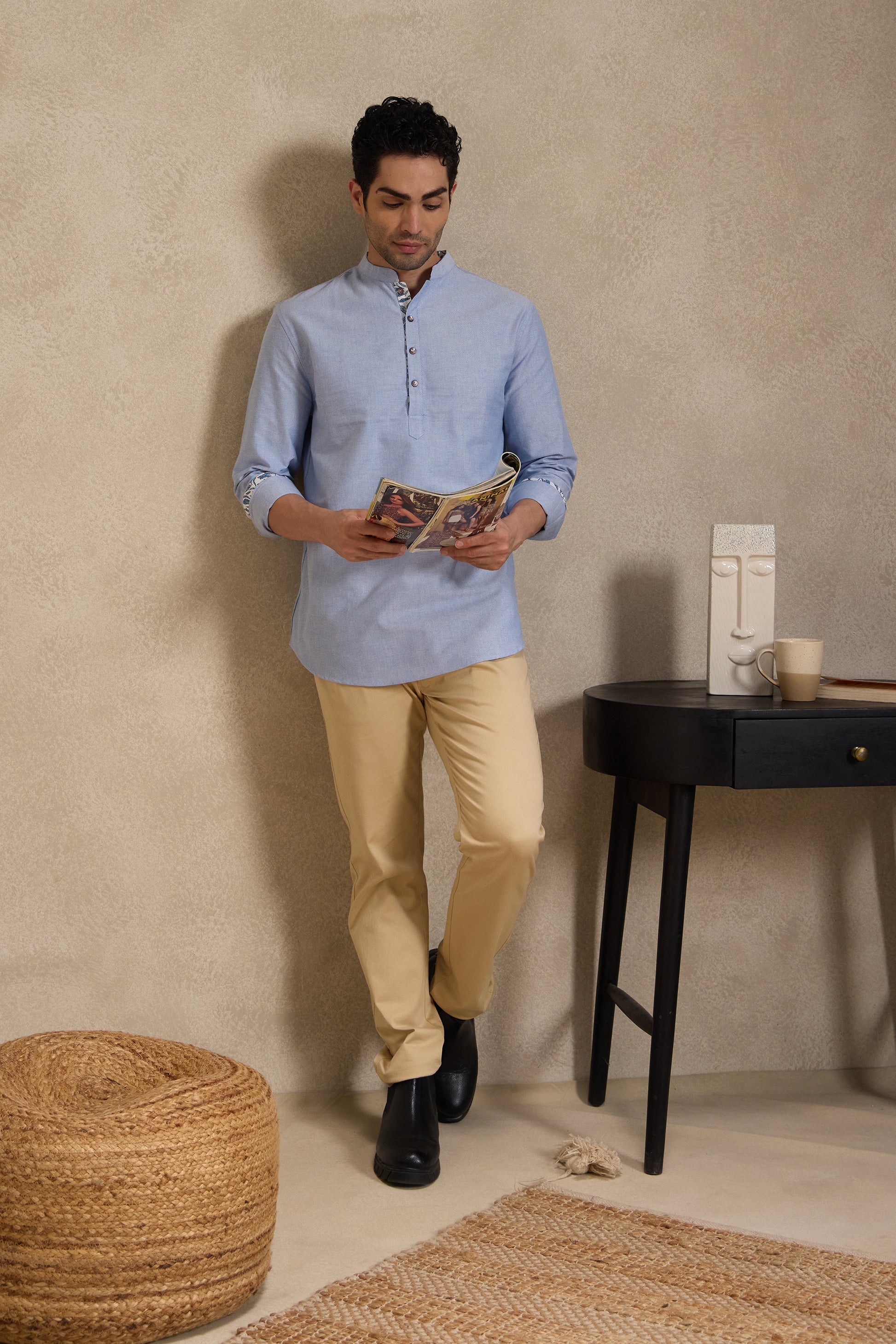 Oxford Blue Mandarin Collar Short Kurta