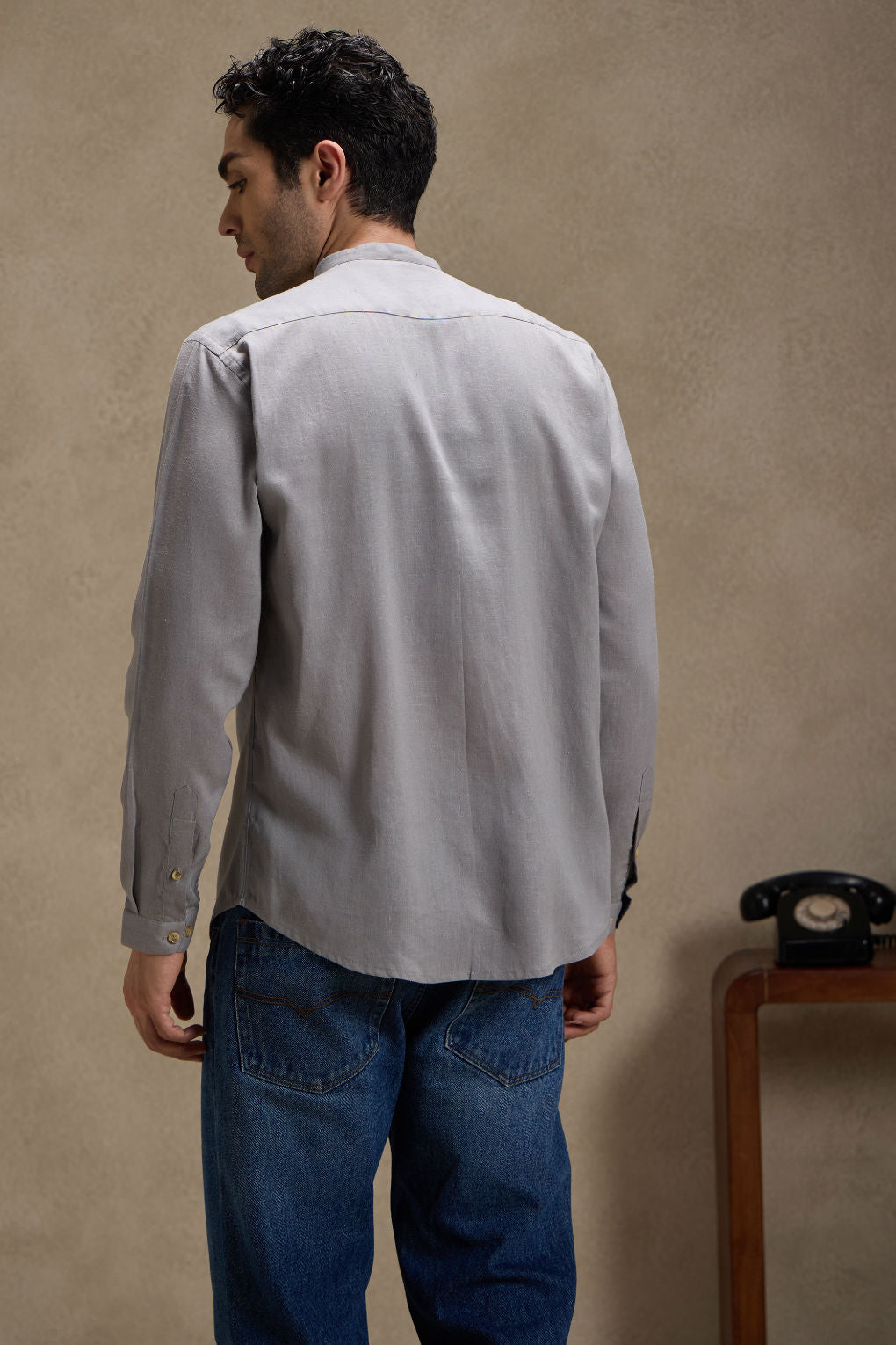 Ash Grey - Linen Mandarin Collar Shirt for Men
