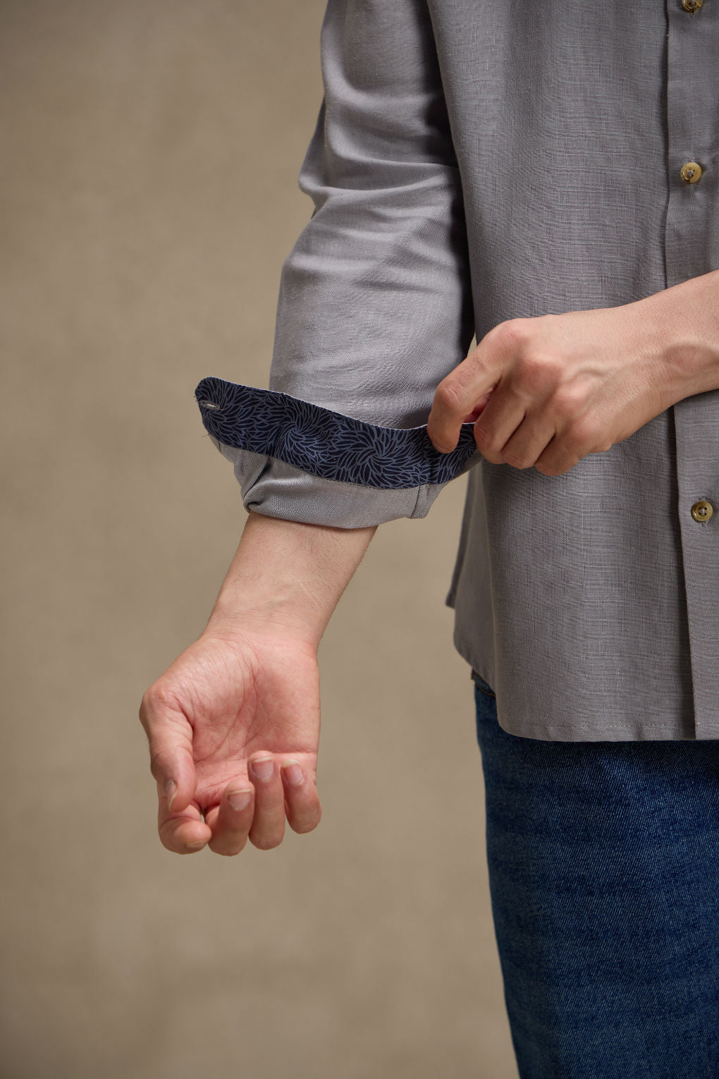 Ash Grey - Linen Mandarin Collar Shirt for Men
