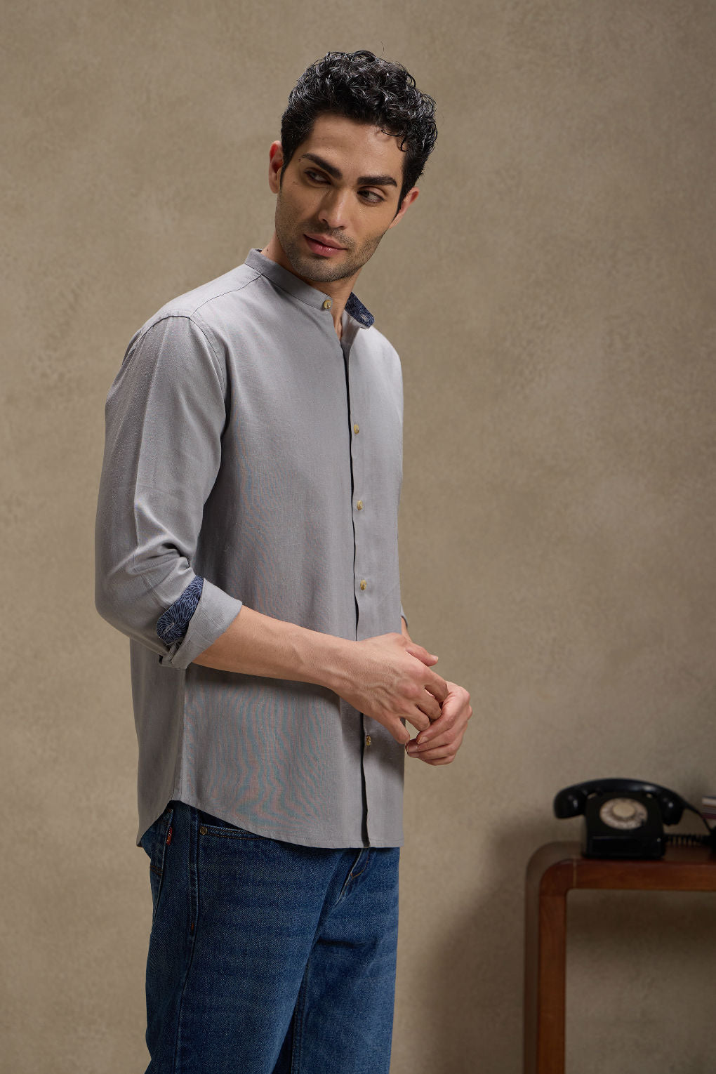 Ash Grey - Linen Mandarin Collar Shirt for Men