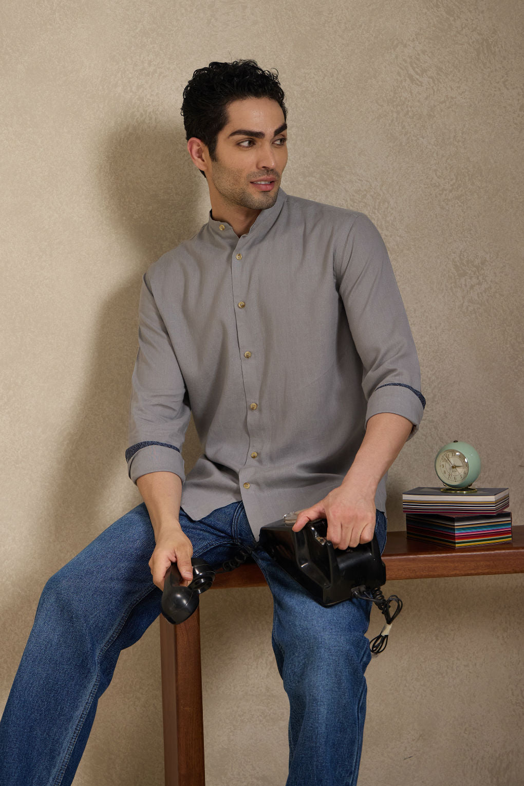 Ash Grey - Linen Mandarin Collar Shirt for Men