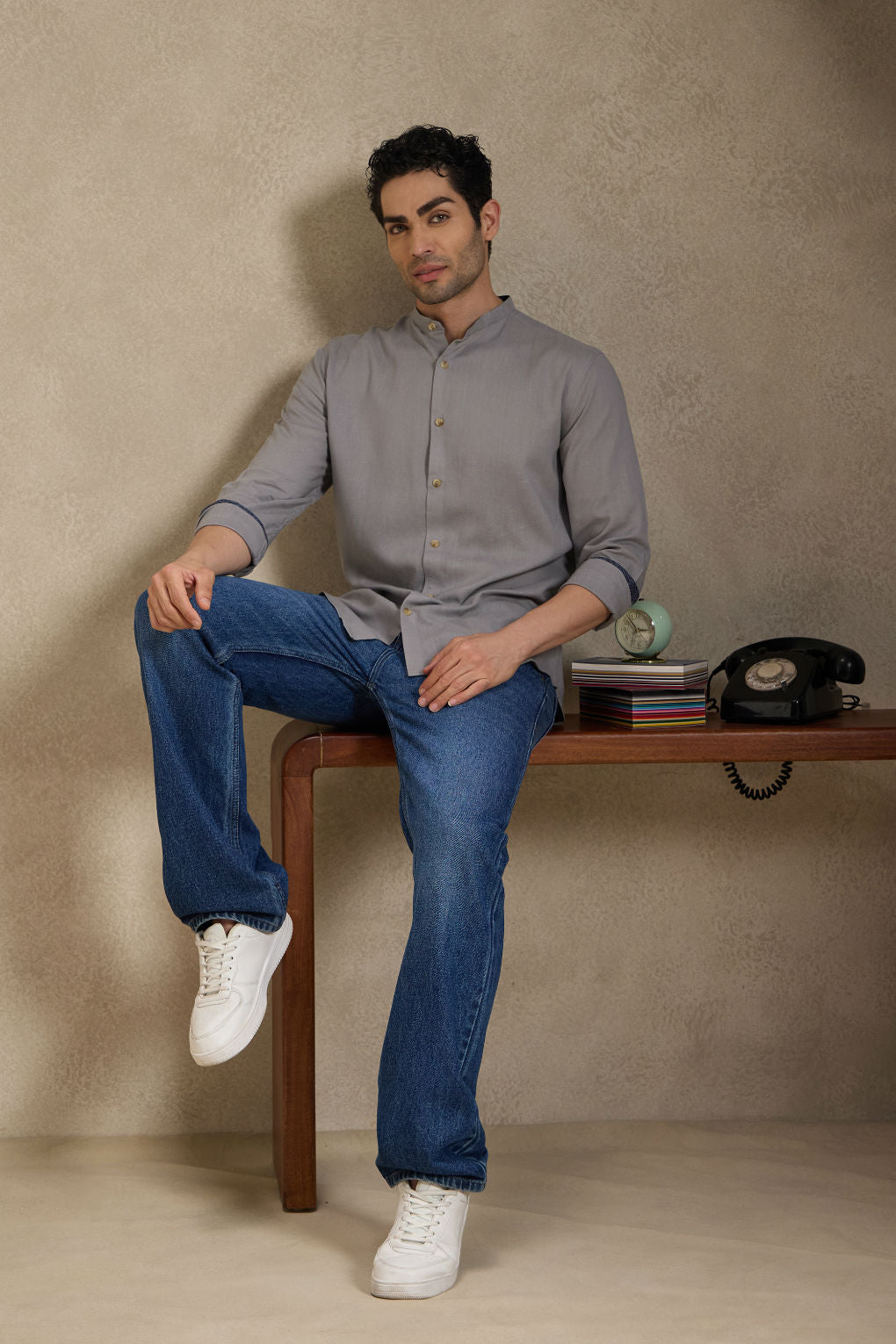 Ash Grey - Linen Mandarin Collar Shirt for Men