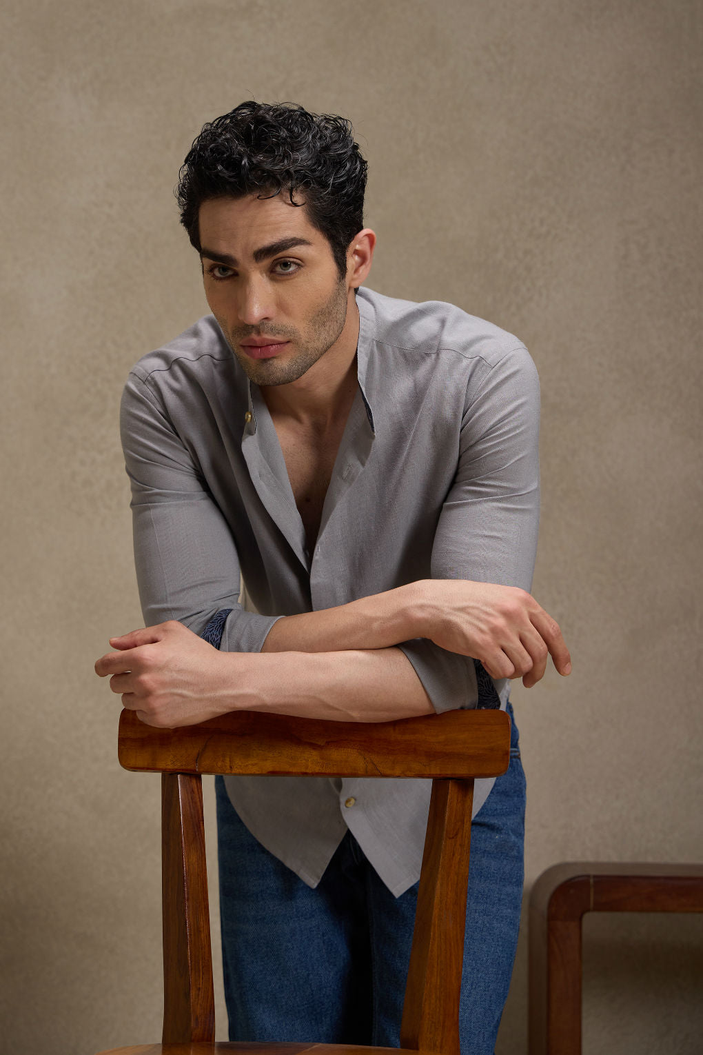 Ash Grey - Linen Mandarin Collar Shirt for Men