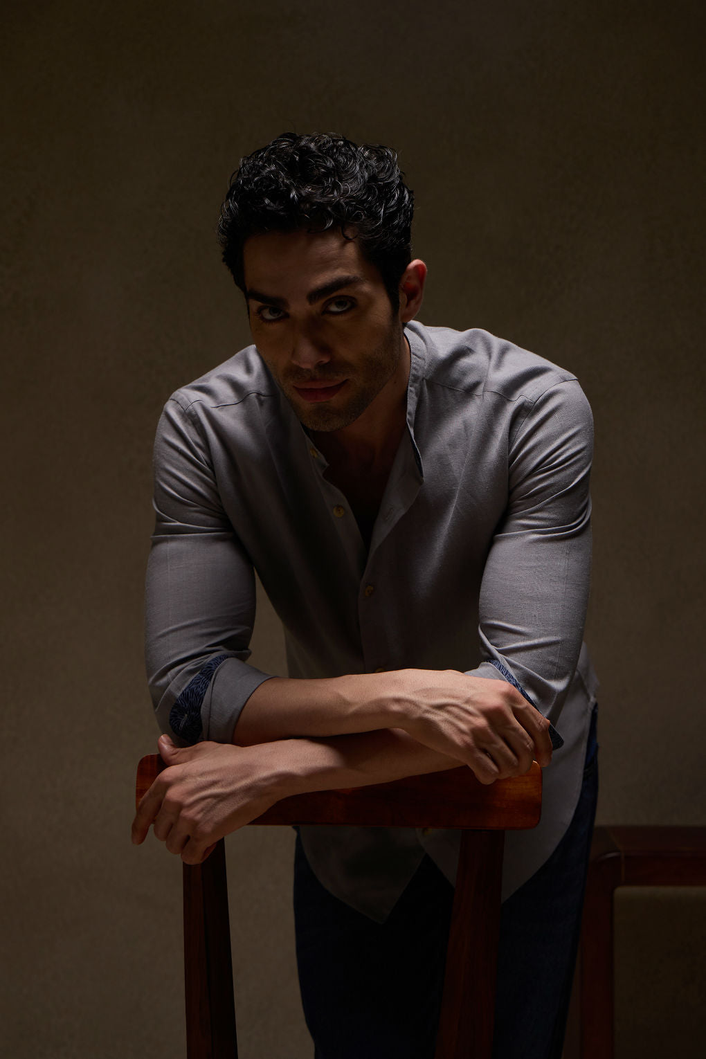 Ash Grey - Linen Mandarin Collar Shirt for Men